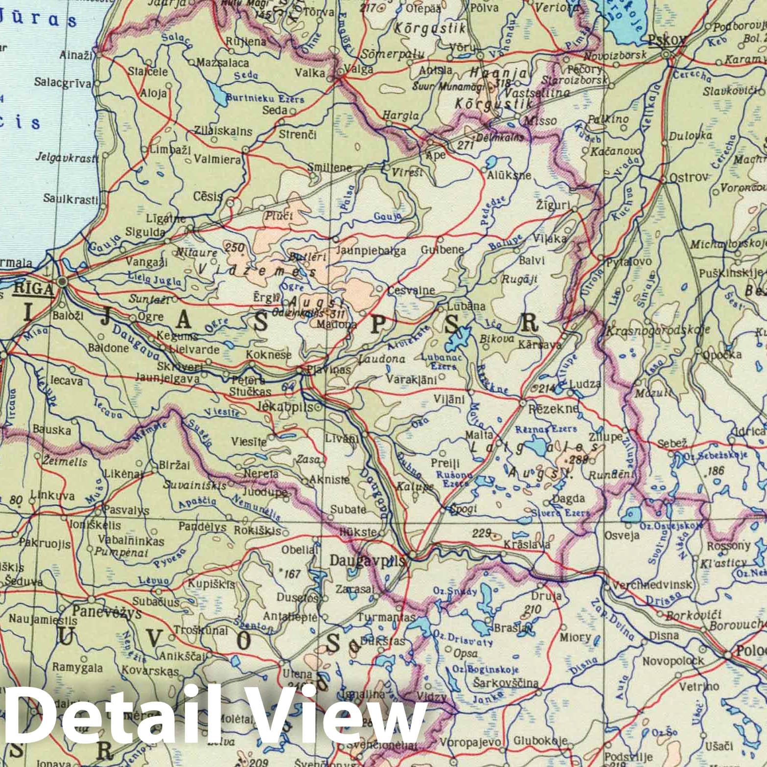 Soviet Republics in North-Central Europe - Physical Map, 1967 Atlas Print
