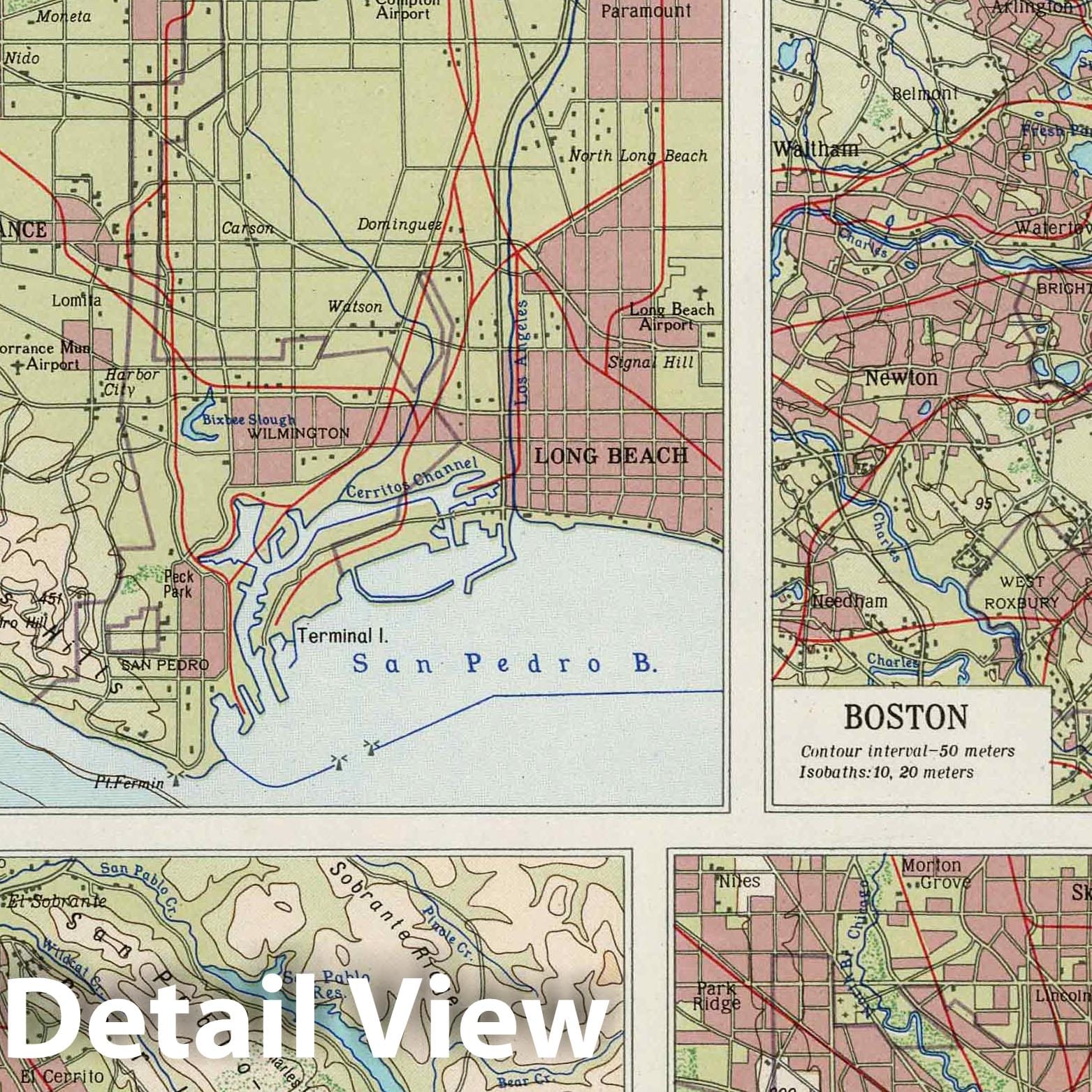 Los Angeles, San Francisco, Philadelphia, Boston, Chicago - Physical Map, 1967