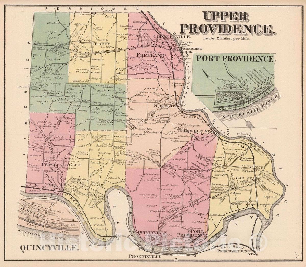 Historic Map : 1871 Upper Providence, Montgomery County, Pennsylvania. Quincyville. Port Providence. - Vintage Wall Art