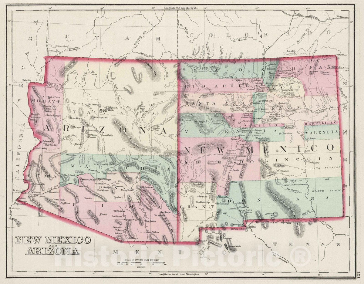 Historic Map : 1878 New Mexico and Arizona. - Vintage Wall Art
