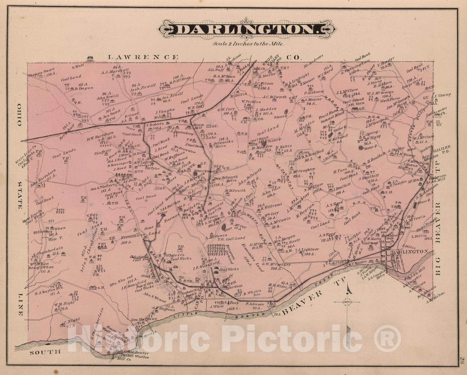 Historic Map : 1876 Darlington Township, Beaver County PA. - Vintage Wall Art