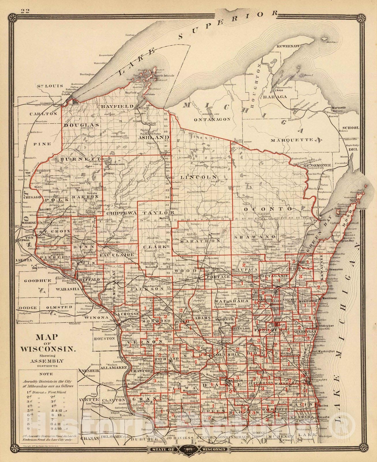 Historic Map : 1878 Map of Wisconsin, showing assembly districts. - Vintage Wall Art