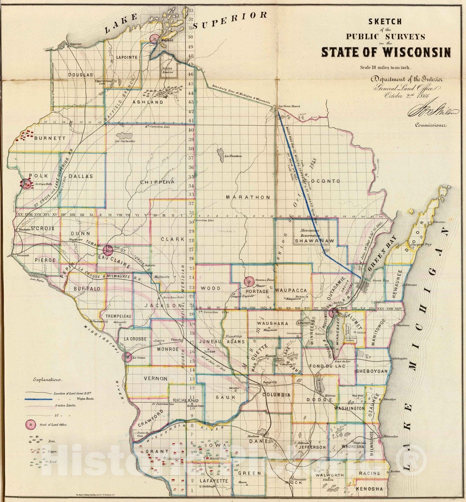 Historic Map : National Atlas - 1866 Wisconsin. - Vintage Wall Art