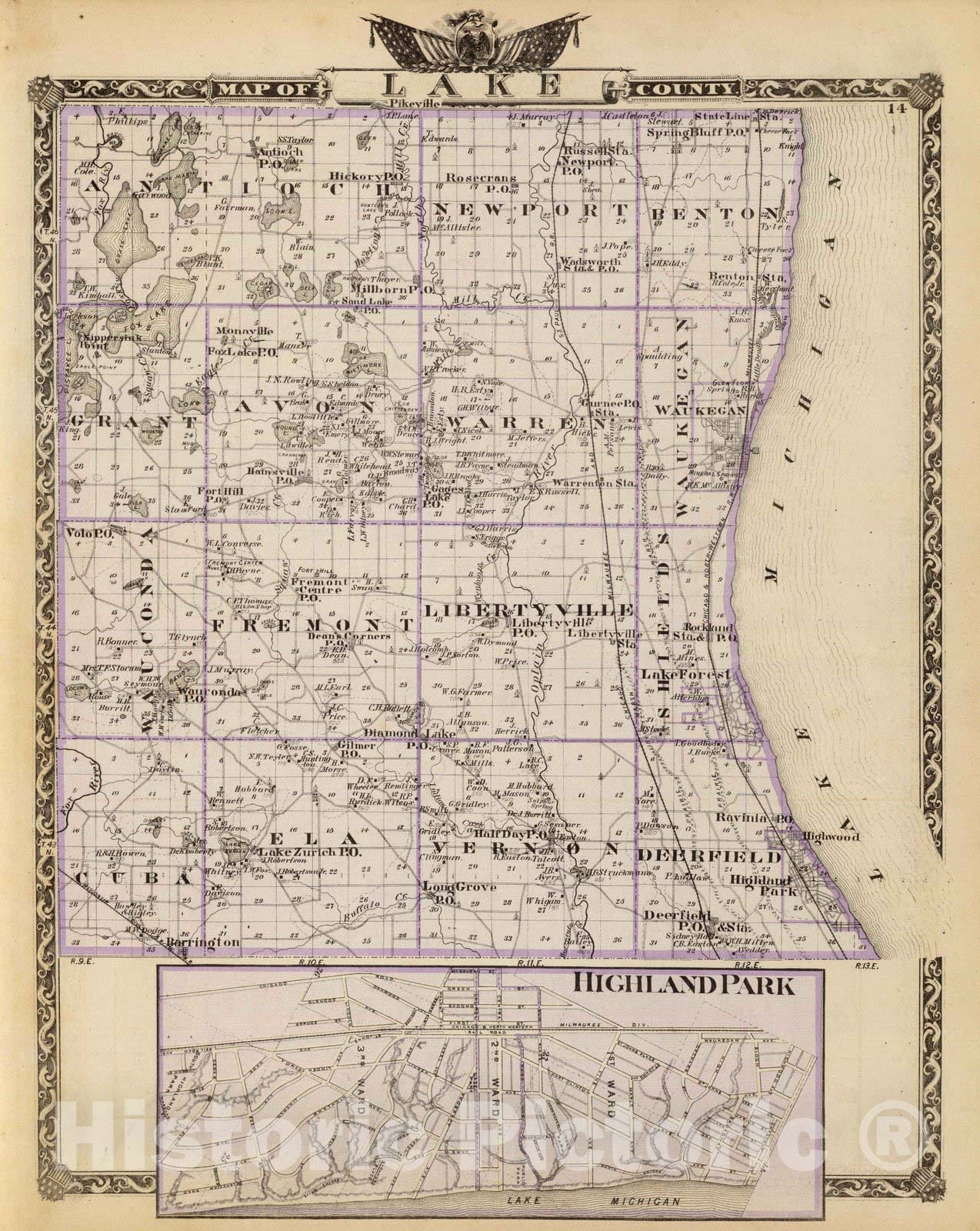 Lake County and Highland Park, Illinois - Railroad Map, 1876
