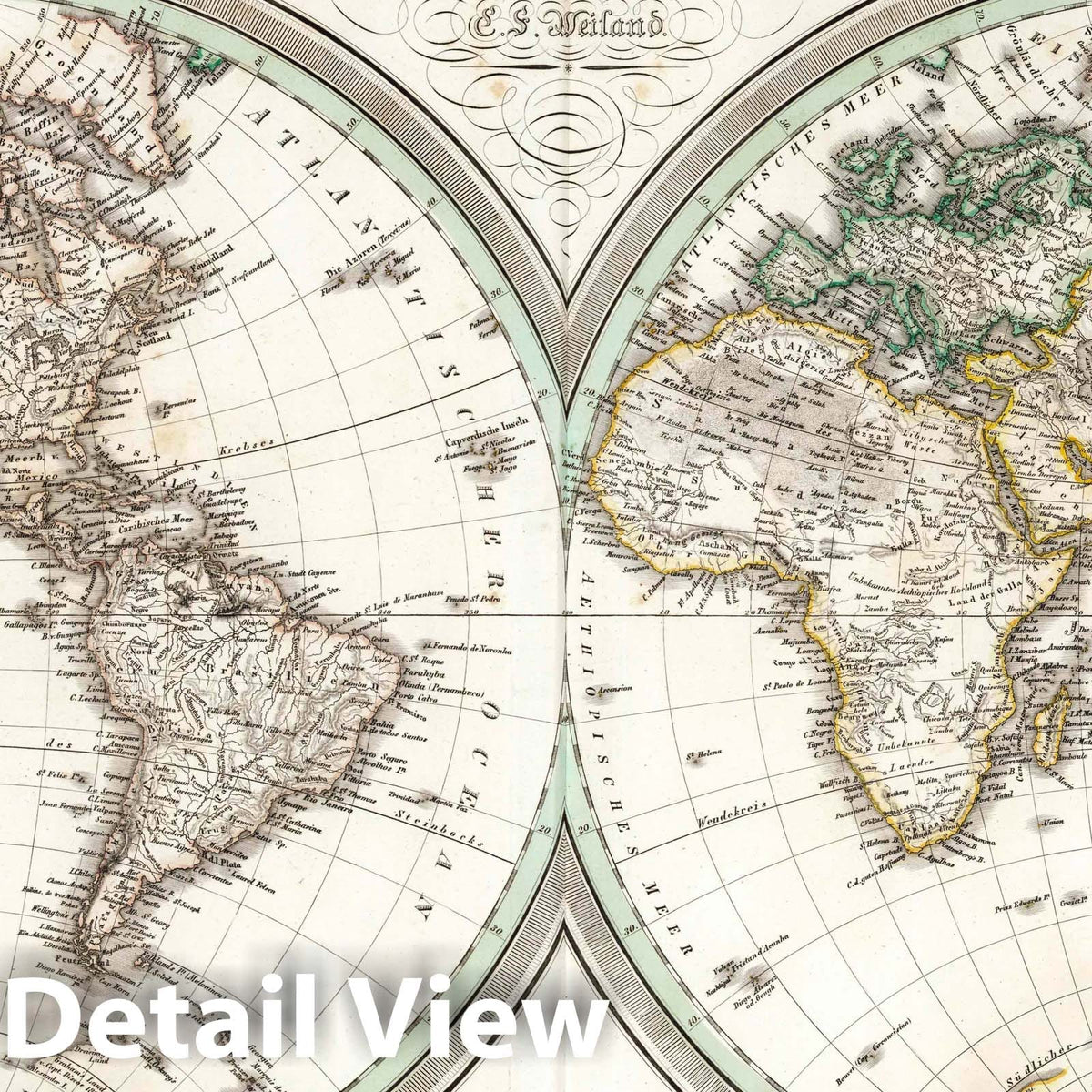Eastern and Western Hemispheres, 1841 - Historical Map Print