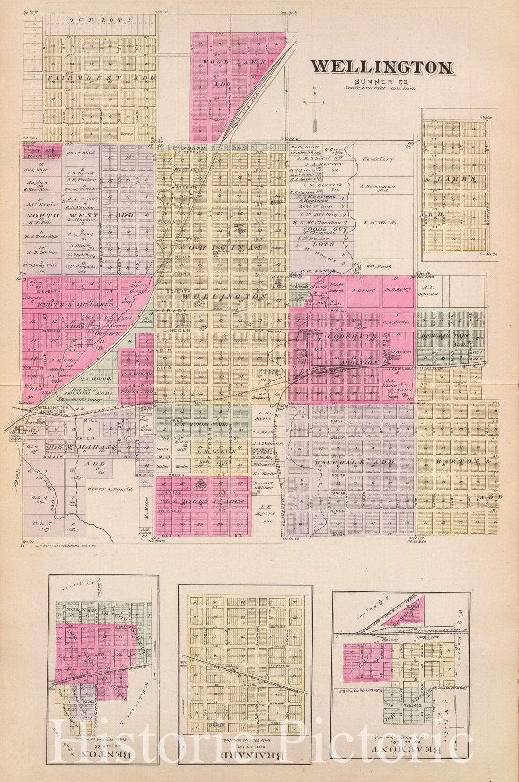 Wellington and Beaumont, Kansas - Military Map, 1887 - Historical Map Print