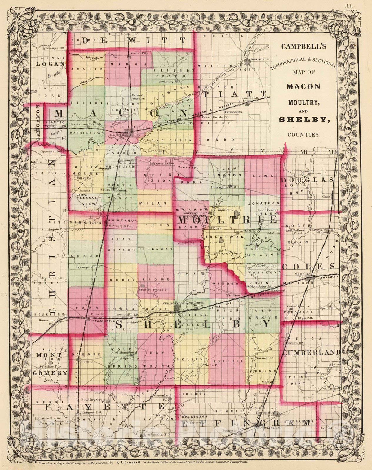 Historic Map : 1870 Macon, Moultrie, Shelby counties. - Vintage Wall Art