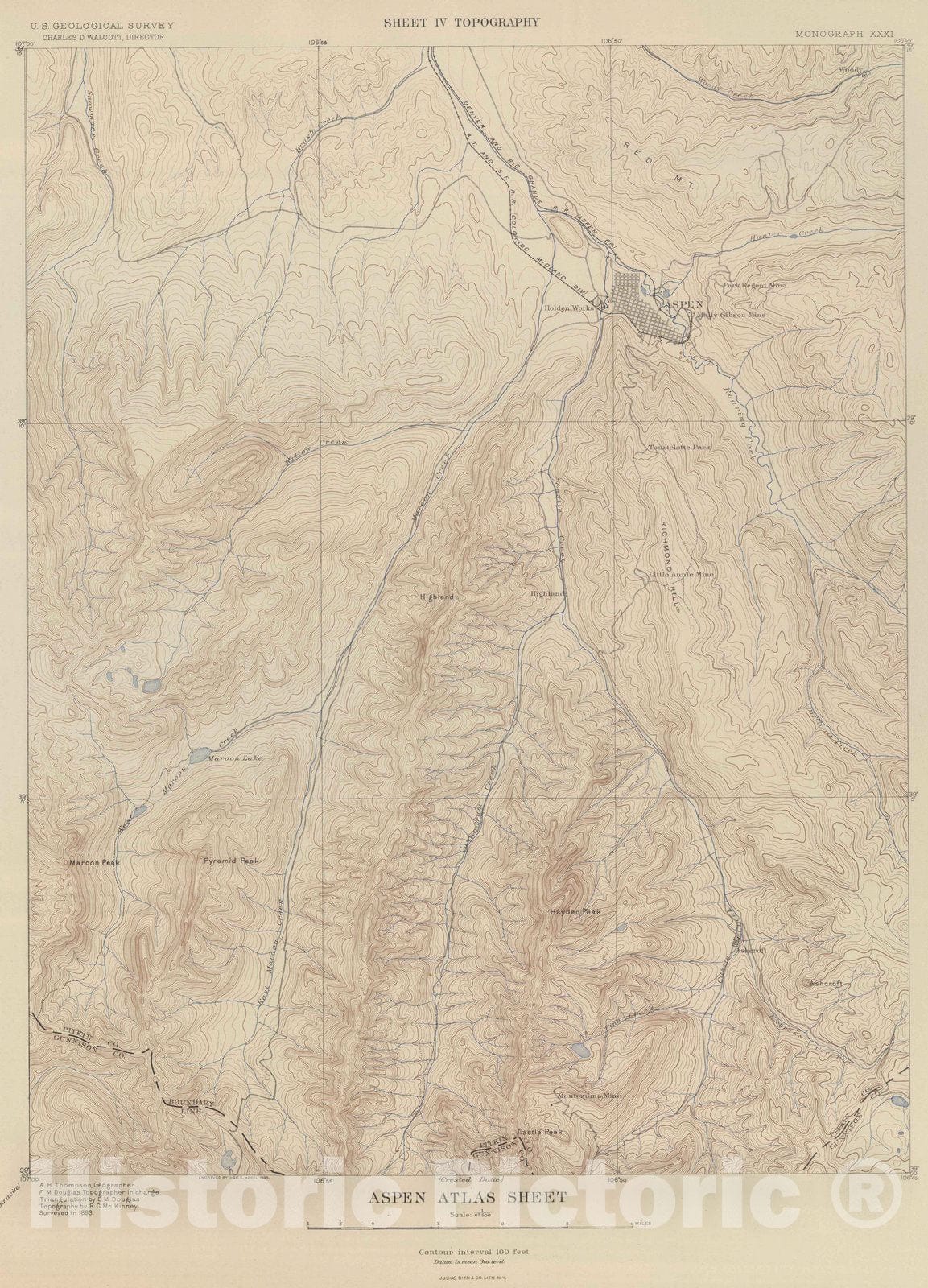 Historic Map : Geologic Atlas - 1898 Aspen Atlas Sheet. - Vintage Wall Art