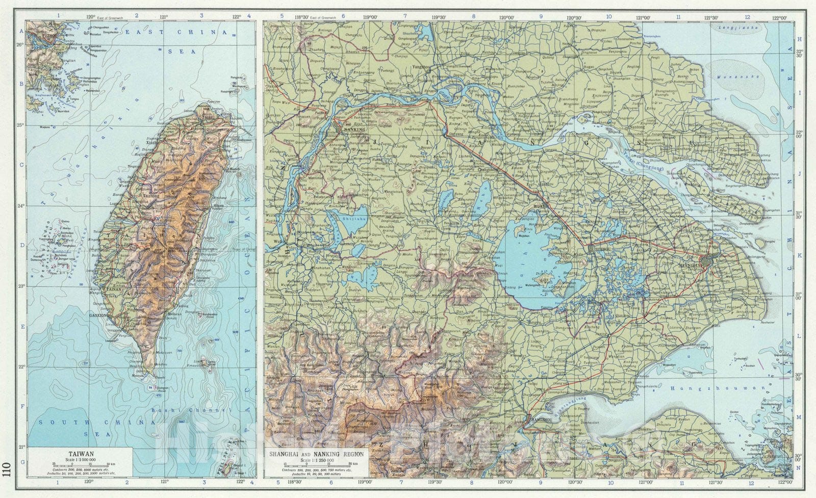 Historic Map : 1967 110. Taiwan, Shanghai, Nanking. The World Atlas. - Vintage Wall Art