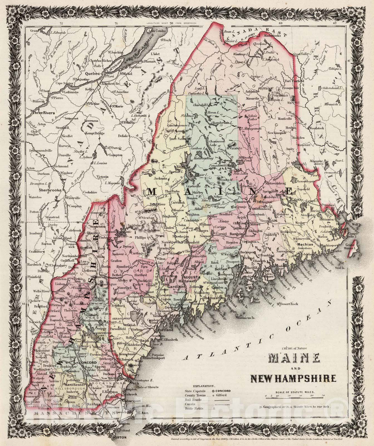 Historic Map : 1858 Maine and New Hampshire. - Vintage Wall Art