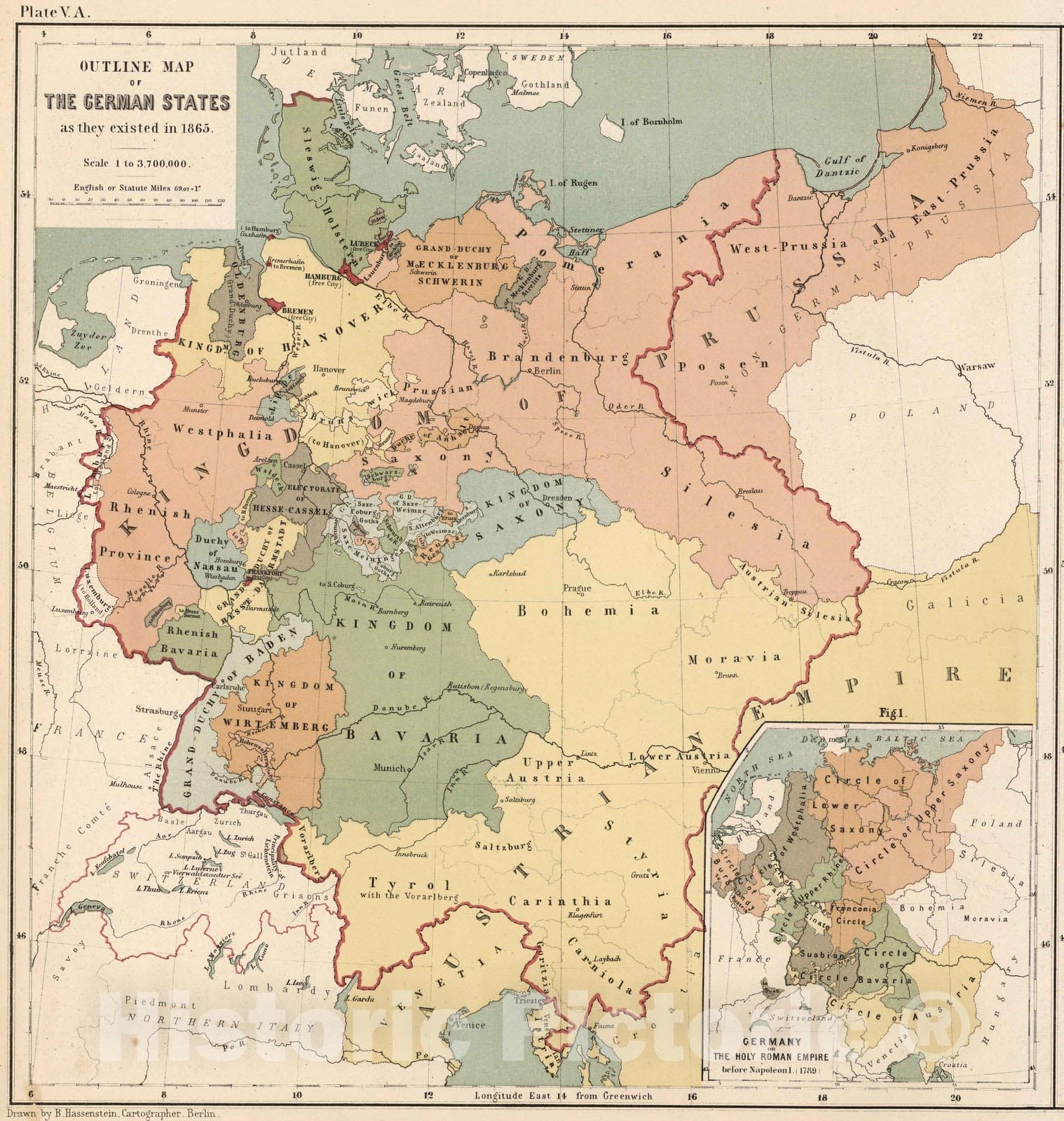 Historic Map : School Atlas - Plate V A. Outline Map of the German States as they existed in 1865. - Vintage Wall Art