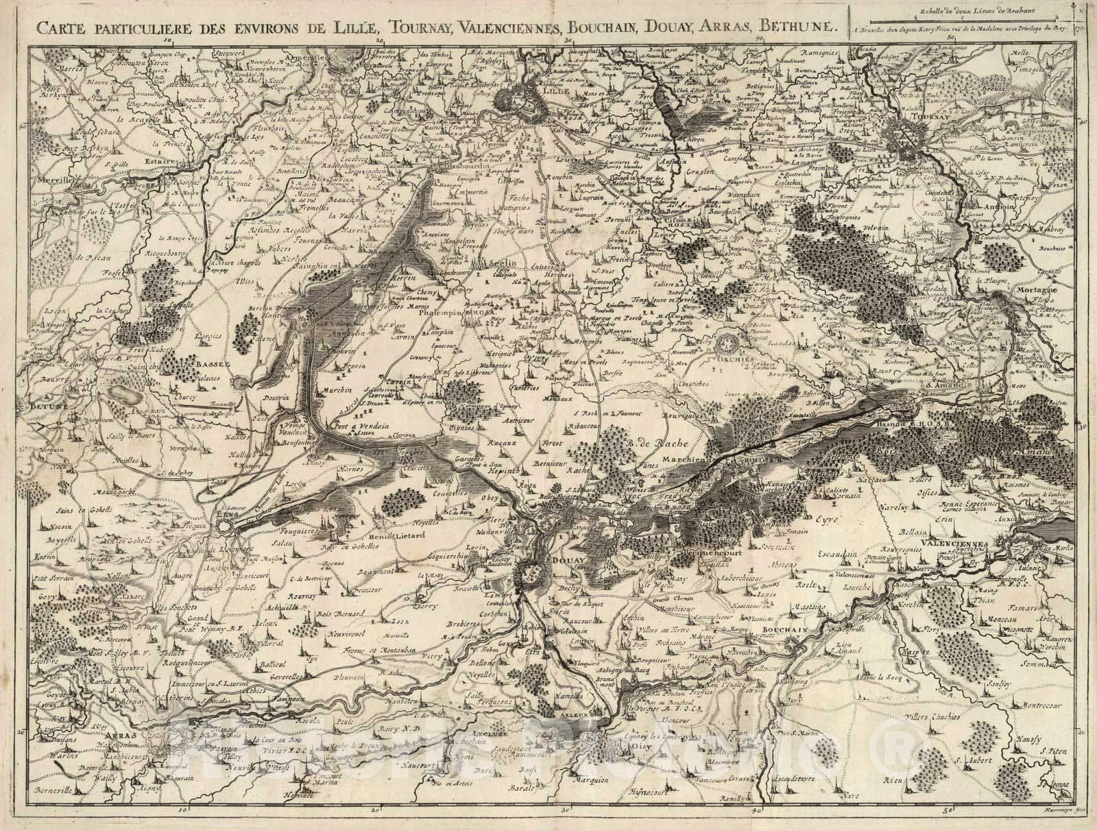 Historic Map : Belgium, 1711 15. Carte particuliere des environs de Lille, Tournay, Valenciennes, Boucain, Douay, Arras, Bethune. 1711. , Vintage Wall Art