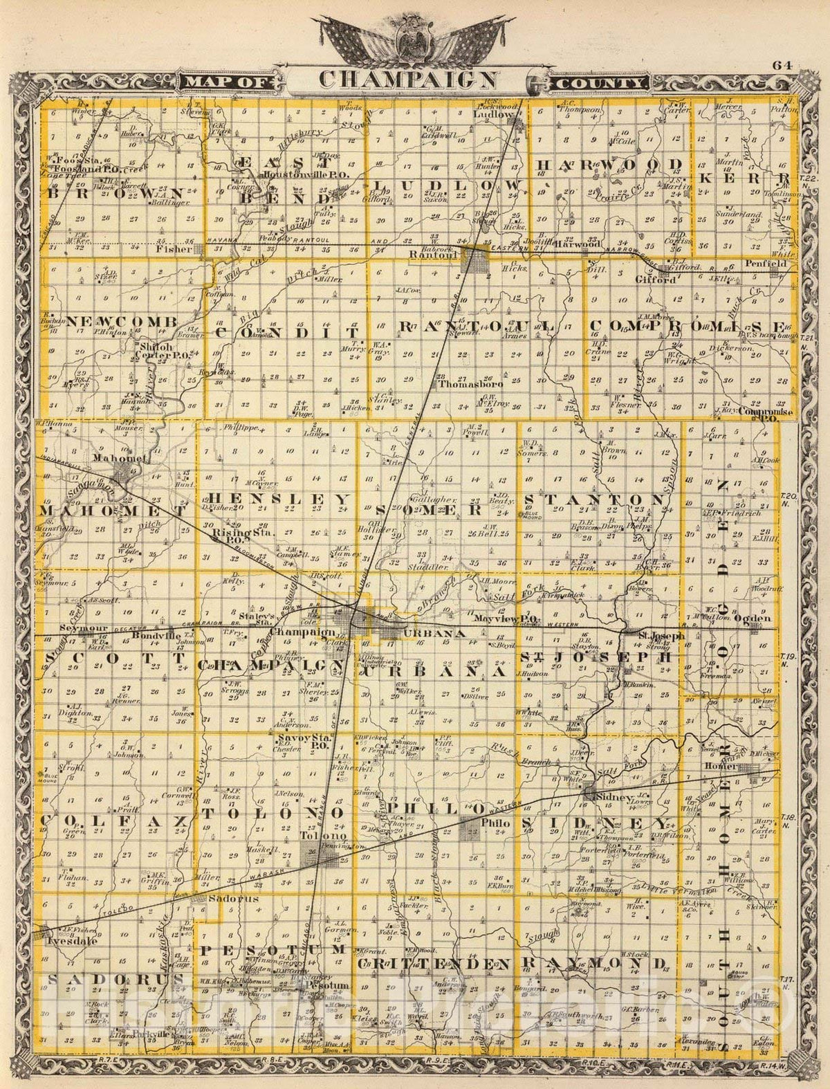 Historic Map : 1876 Map of Champaign County. - Vintage Wall Art
