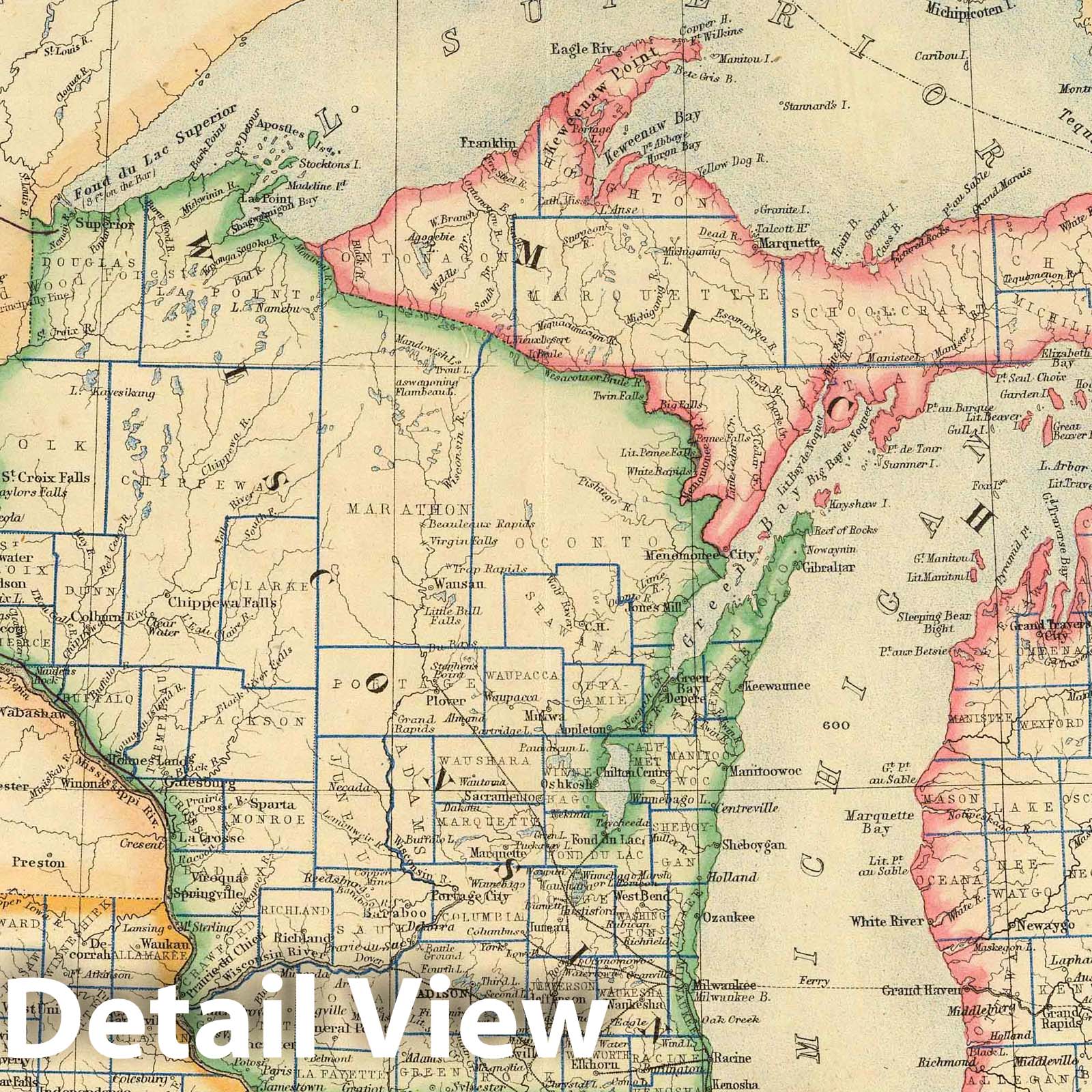 Michigan, Wisconsin, Iowa - Railroad Map, 1857 - Historical Map Print