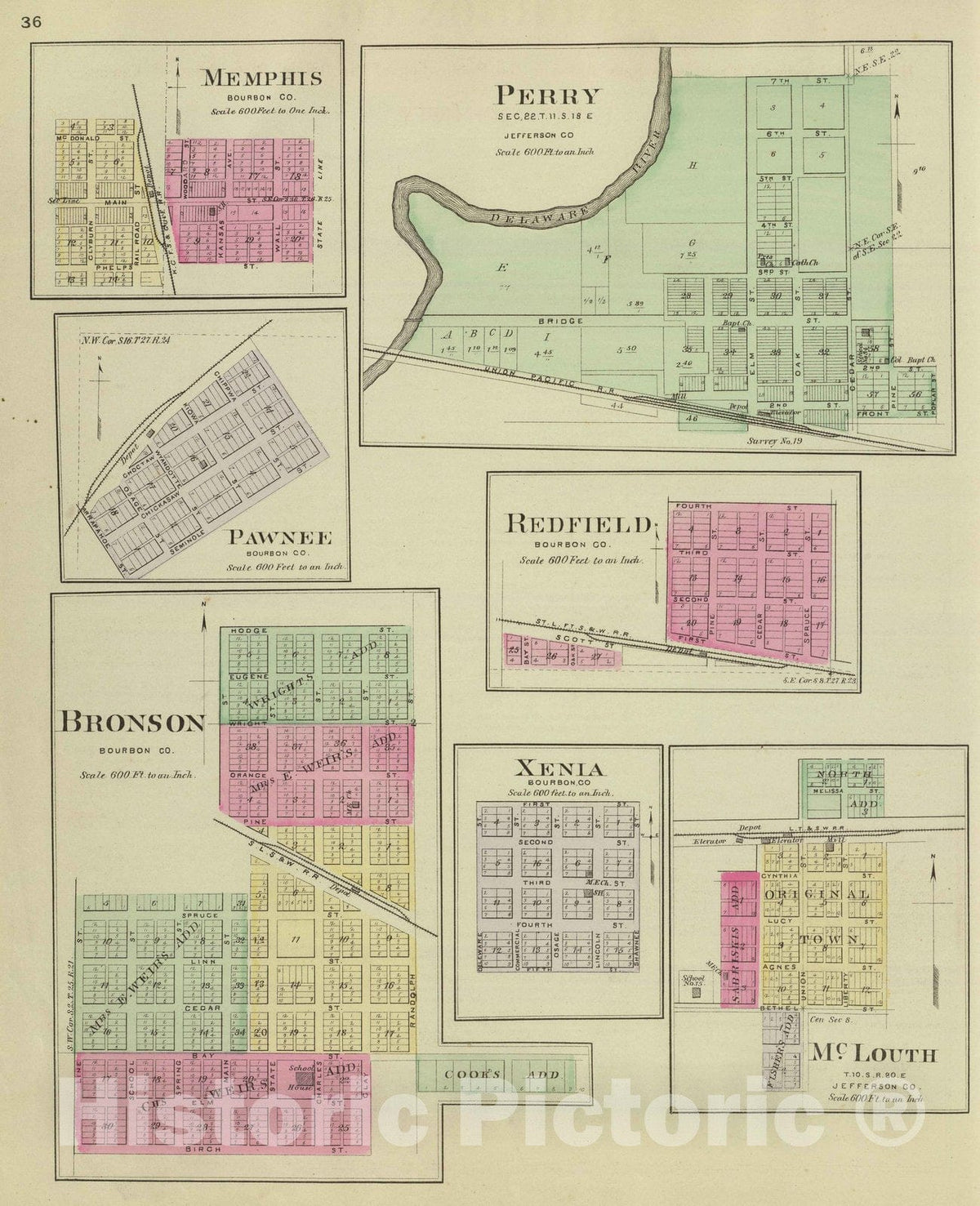 Historic Map : 1887 Perry, Memphis, Pawnee, Bronson, Redfield, Xenia, McLouth. - Vintage Wall Art