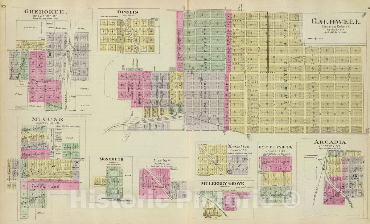Historic Map : 1887 Caldwell, Cherokee, Opolis, McCune, Monmouth & other towns in Crawford Co. - Vintage Wall Art