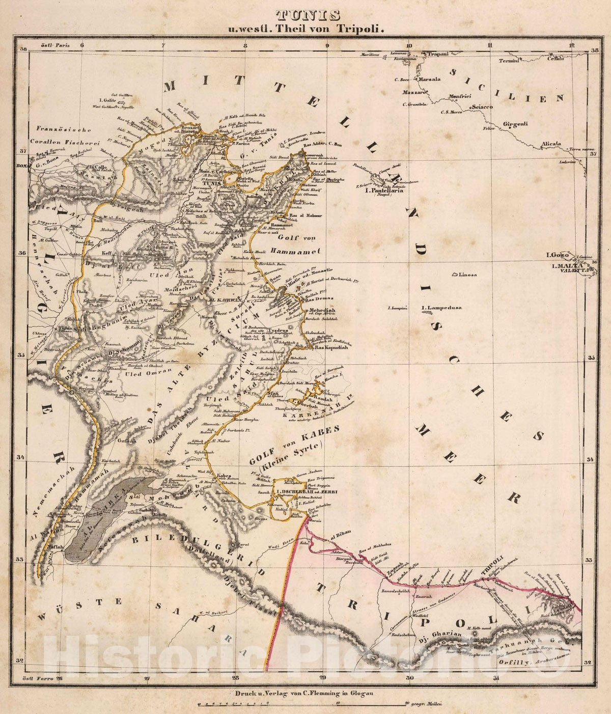 Historic Map : Libya; Tunisia, 1855 Tunis, Tripoli. , Vintage Wall Art