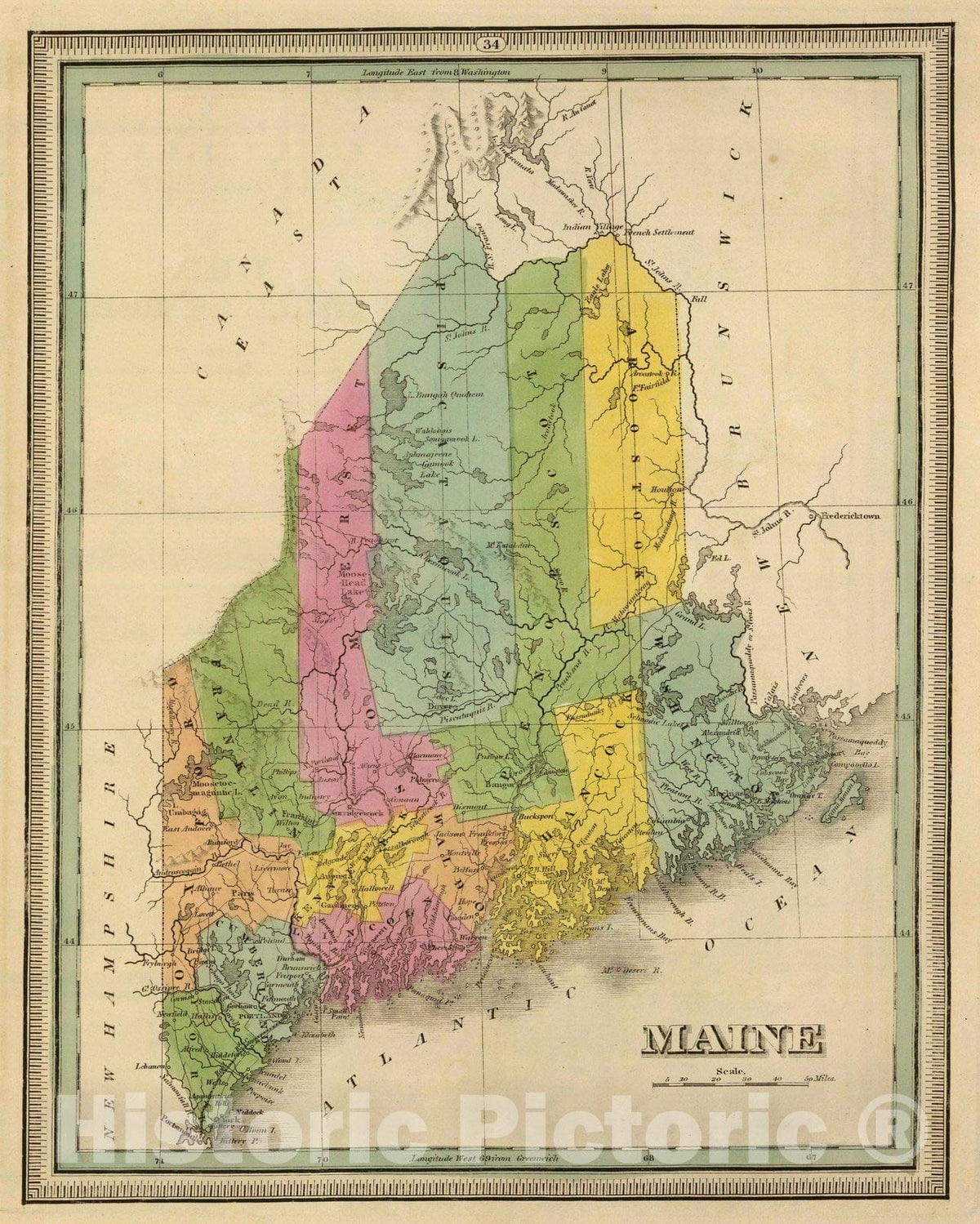 Historic Map : 1845 Maine. - Vintage Wall Art