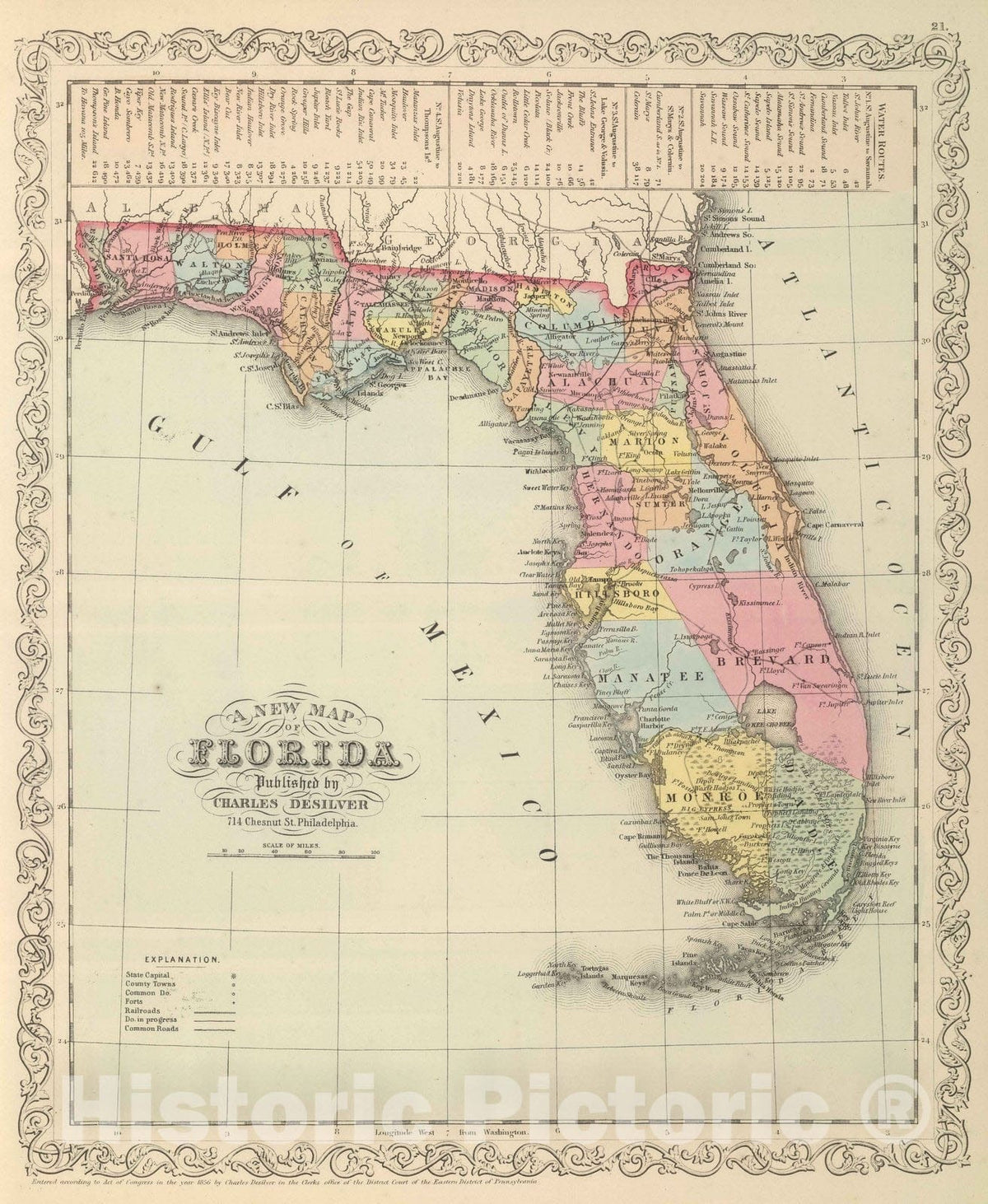 Historic Wall Map : 1859 Florida. - Vintage Wall Art