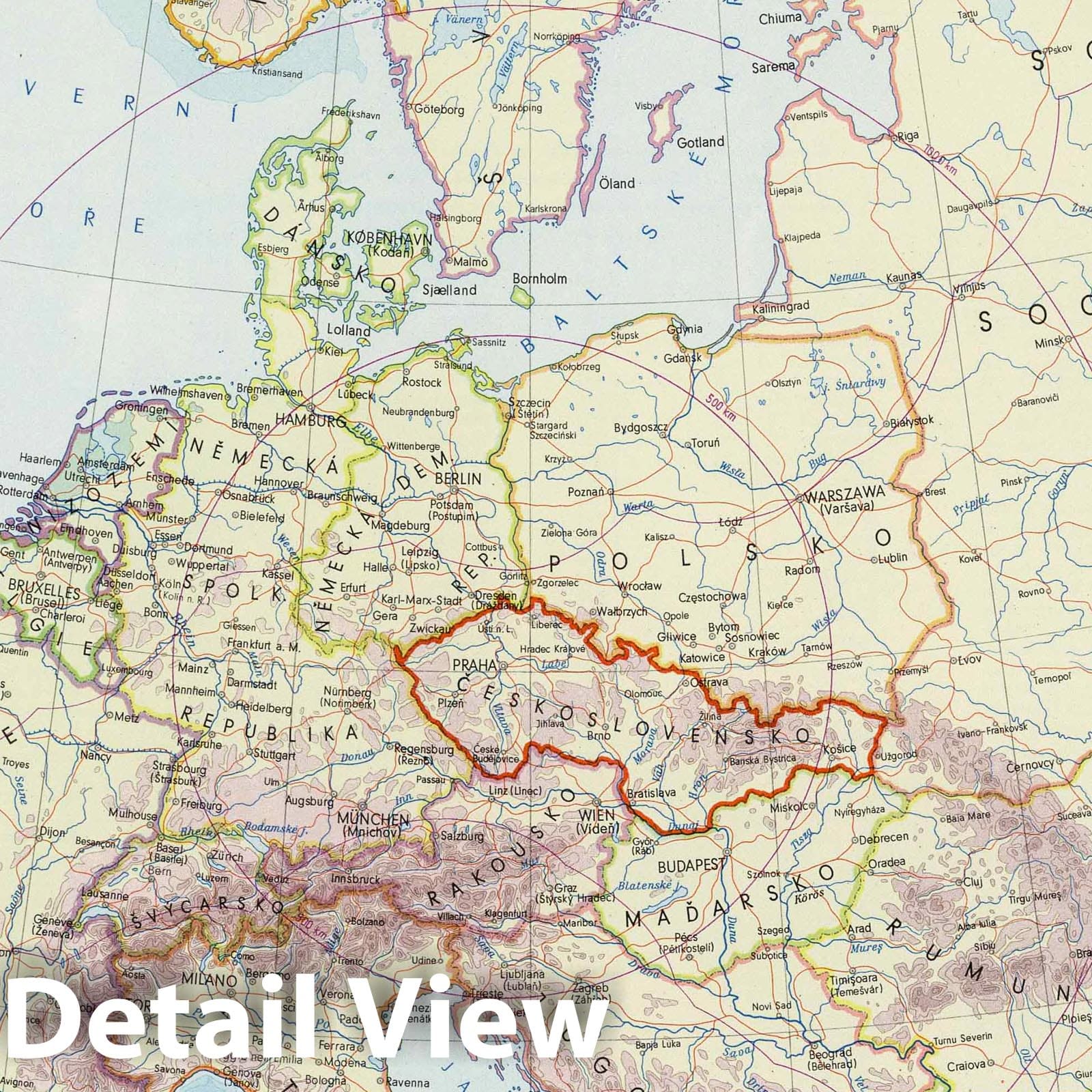 Czechoslovakia - Physical Map, 1966 - Historical Map Print