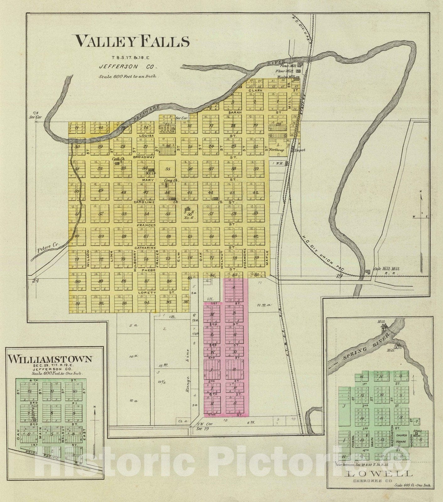 Historic Map : 1887 Valley Falls, Williamstown and Lowell. - Vintage Wall Art