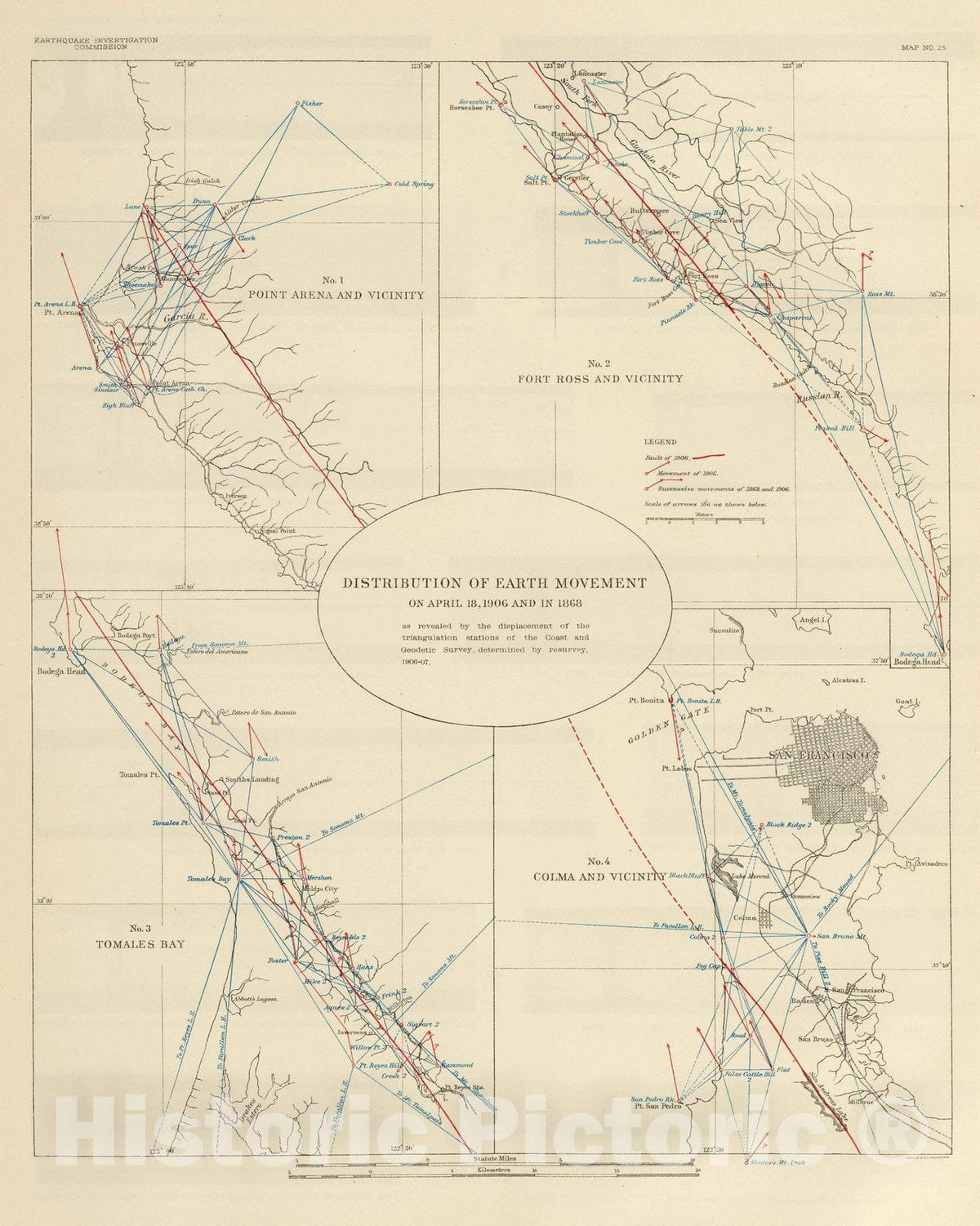 Historic Map : 1908 Distribution of earth movement, April 18, 1906 and 1868. - Vintage Wall Art