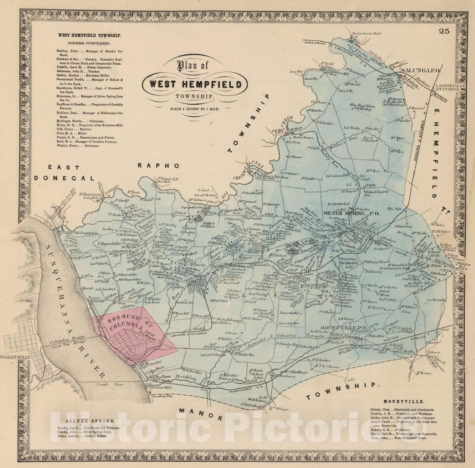 Historic Wall Map : 1864 West Hempfield Township, Lancaster, Pennsylvania. - Vintage Wall Art