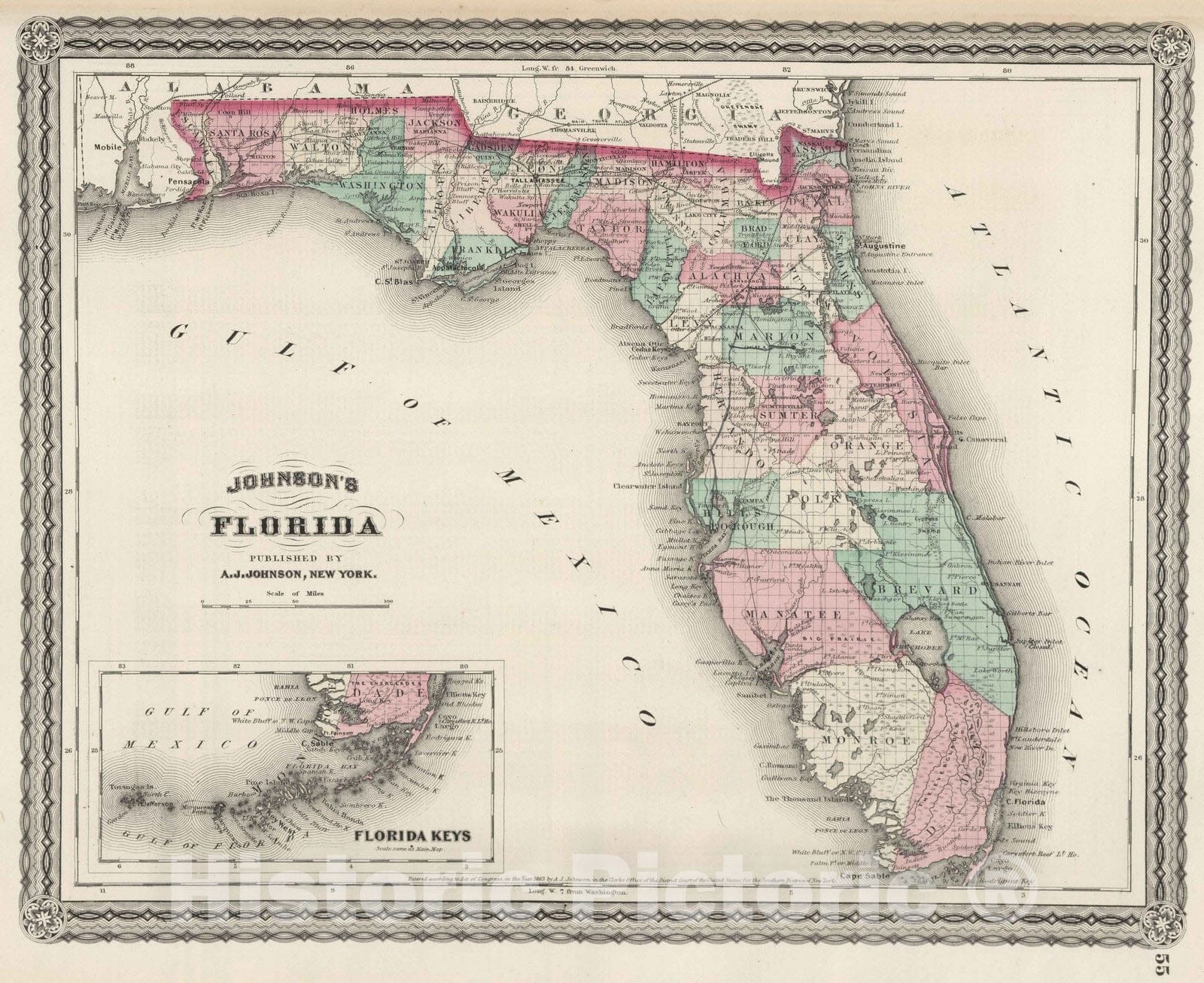 Historic Wall Map : 1870 Florida. - Vintage Wall Art