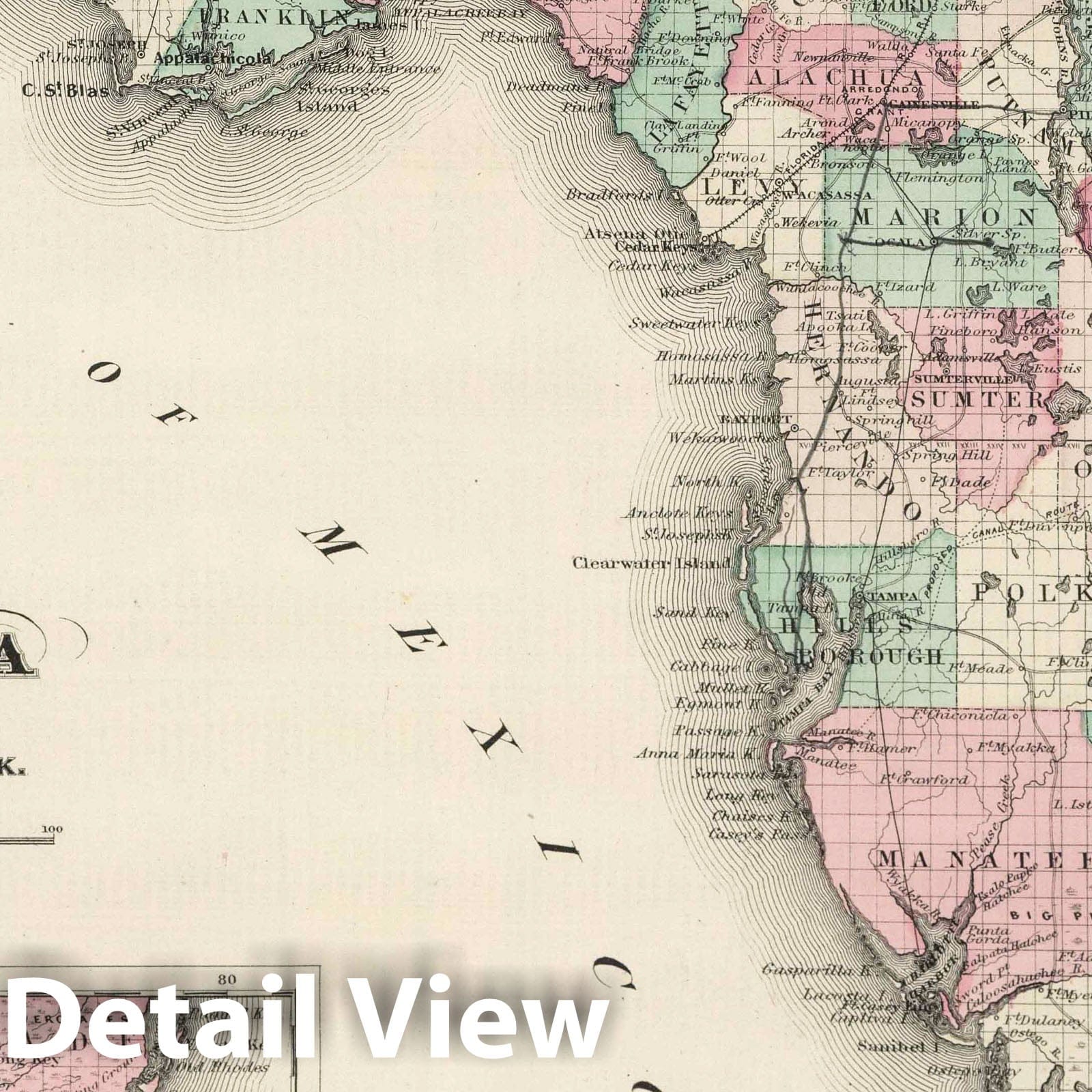 Florida with Florida Keys - Physical Map, 1870 - Historical Map Print