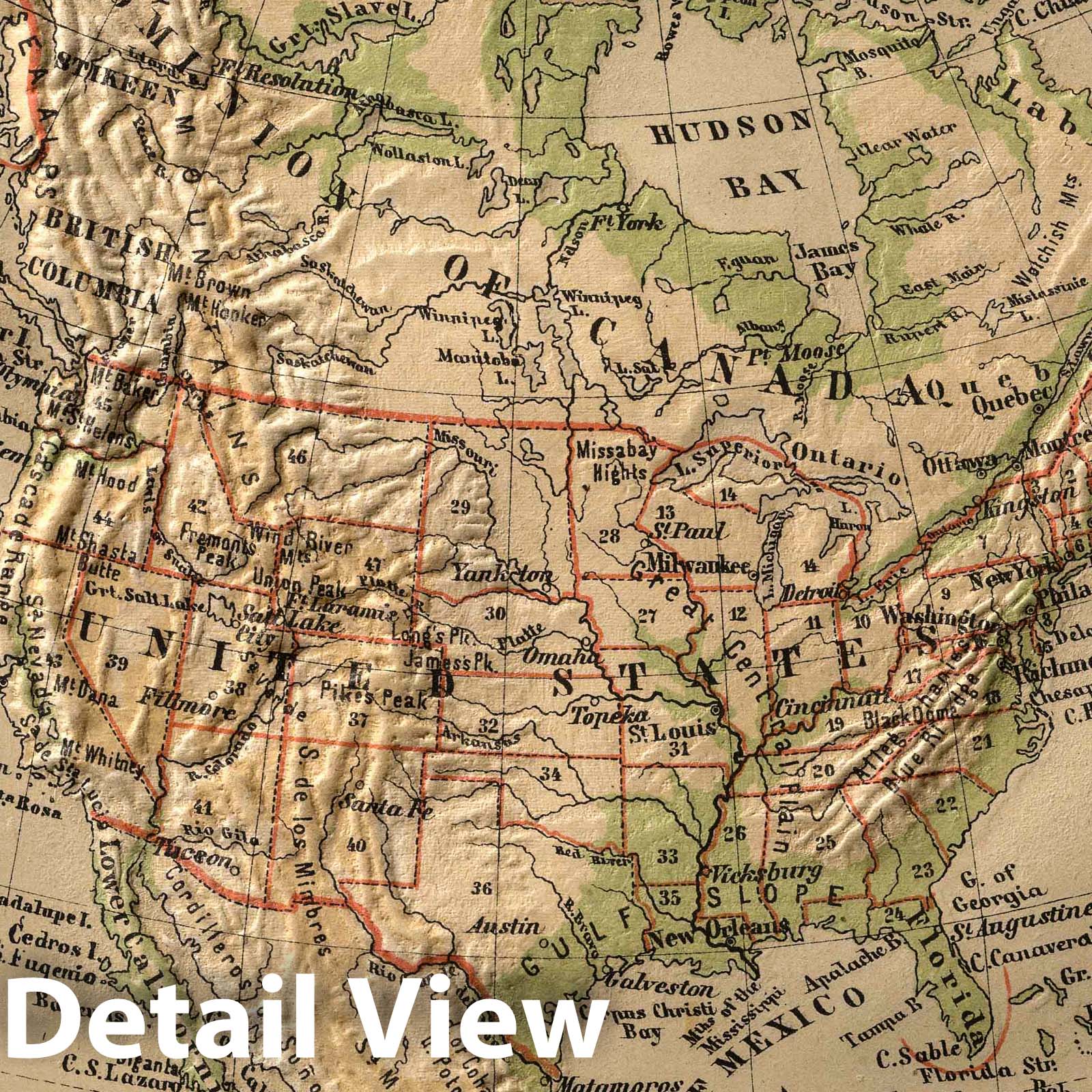 North America - Physical Map, 1880 - Historical Map Print