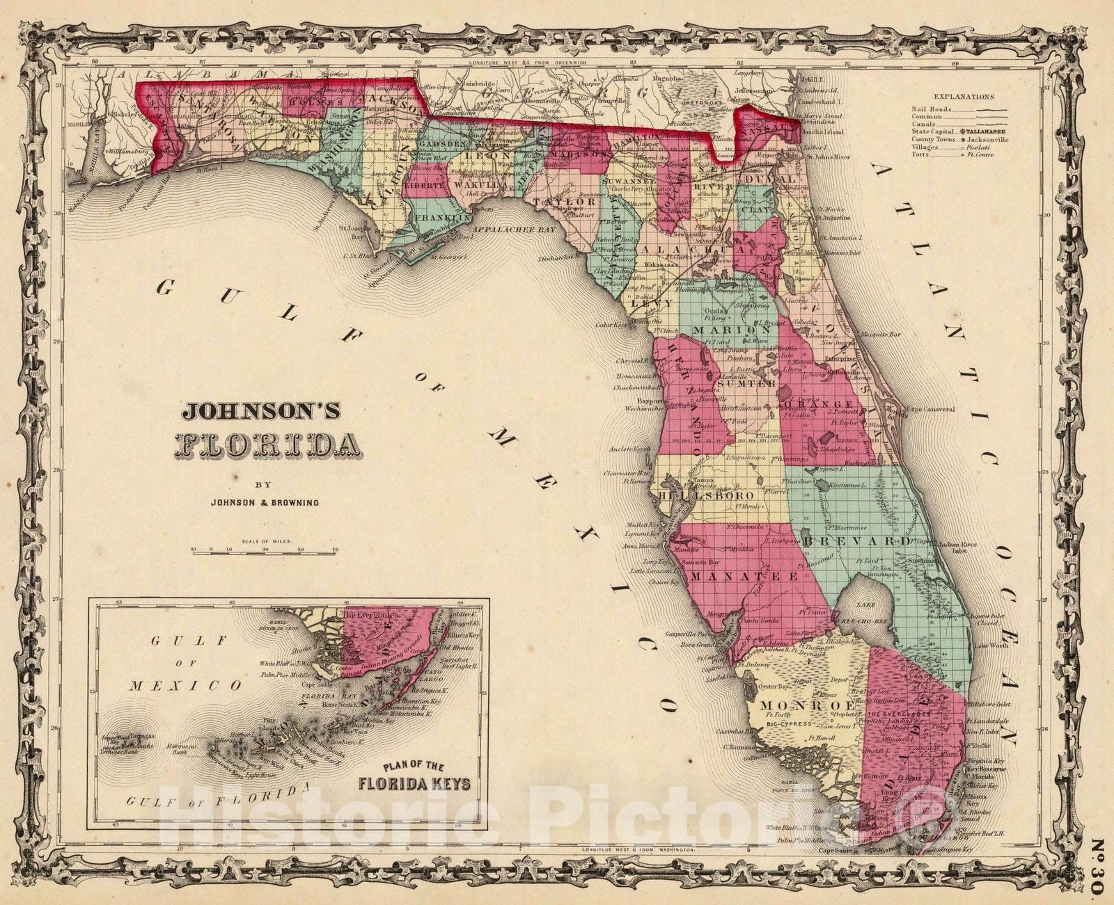 Florida with Florida Keys - 1860 Historical Map Print