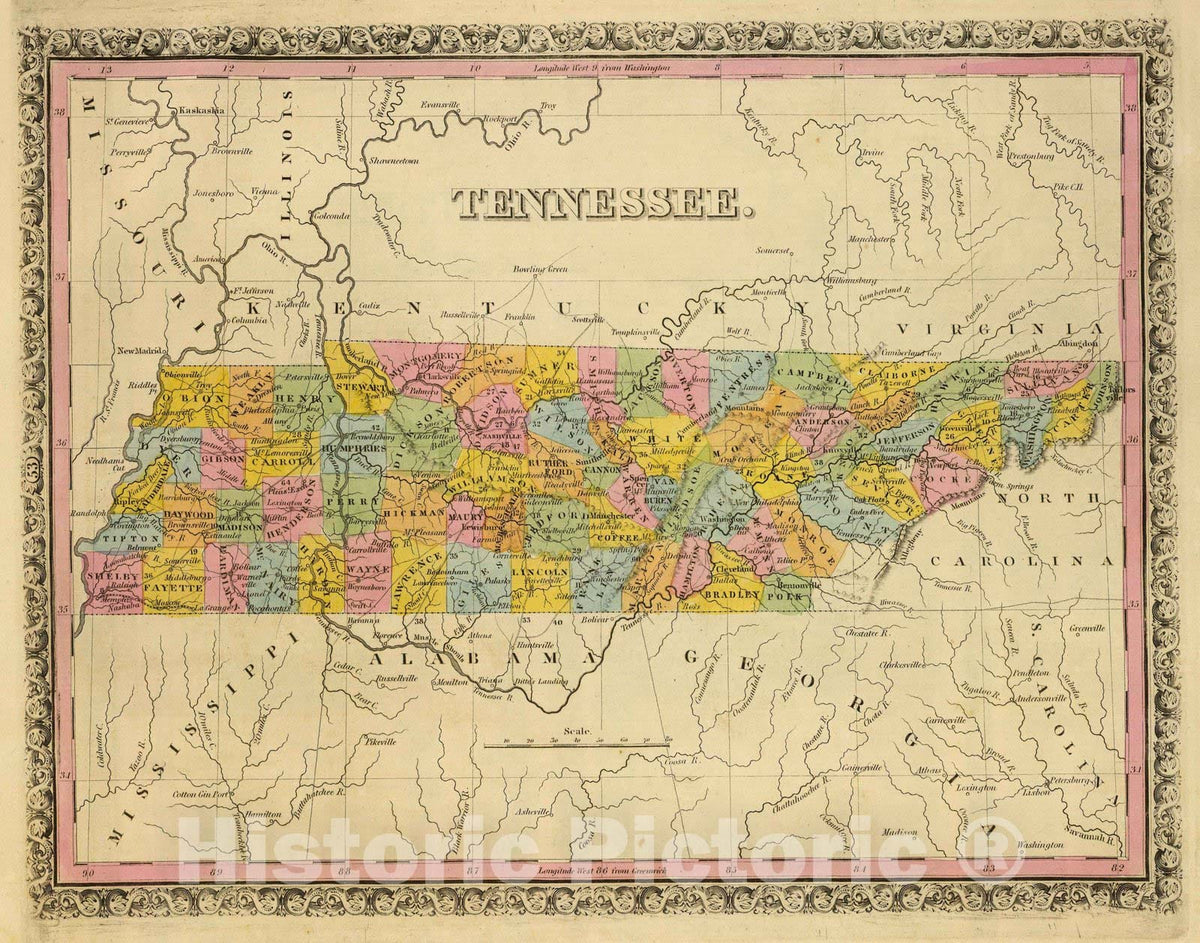 Historic Map : 1845 Tennessee. v1 - Vintage Wall Art