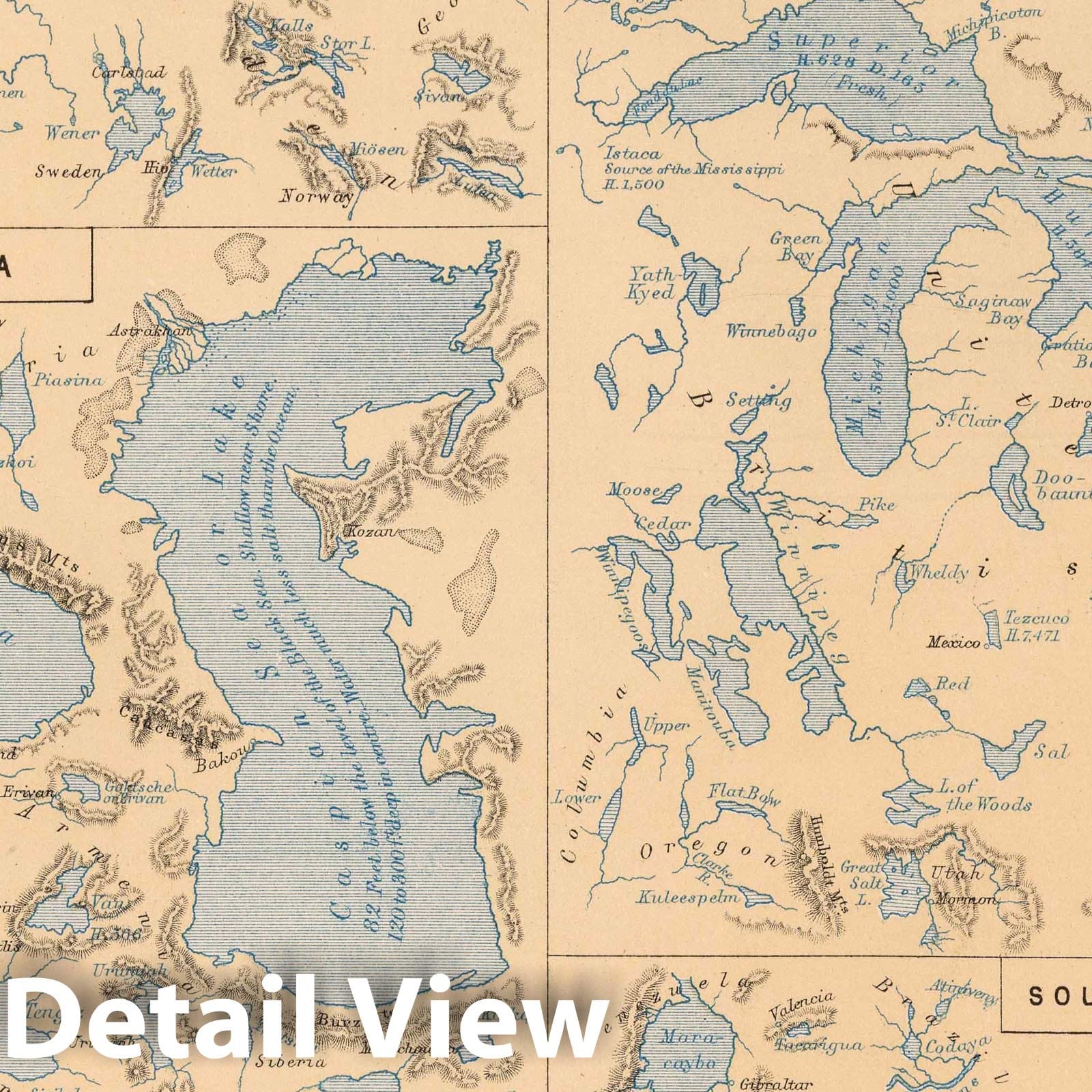 Comparative Form and Extent of the World's Inland Seas and Lakes - 1852 Geologic Map Print