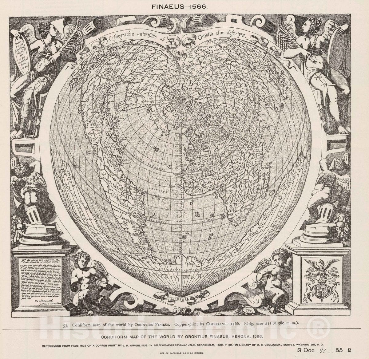 Historic Map - National Atlas - 1566 Facsimile: World by Finaeus. - Vintage Wall Art