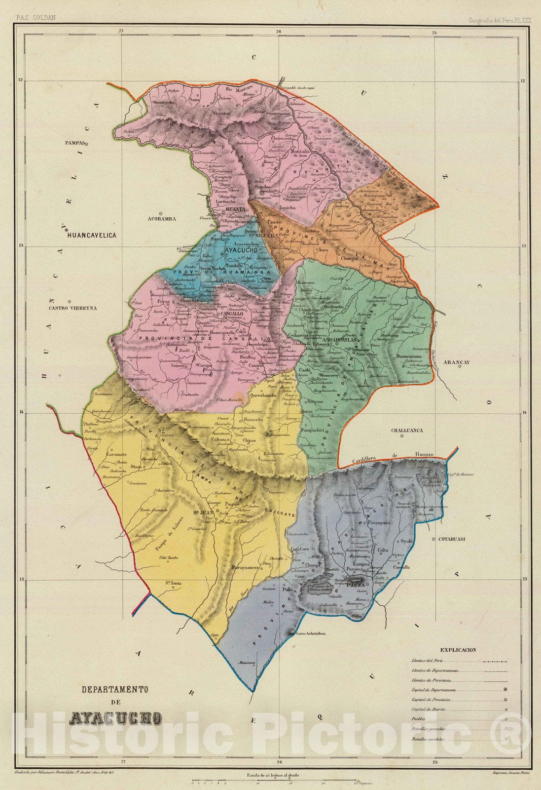 Historic Map : Peru, Ayacucho (Peru : Dept.) 1865 Departamento de Ayacucho. , Vintage Wall Art