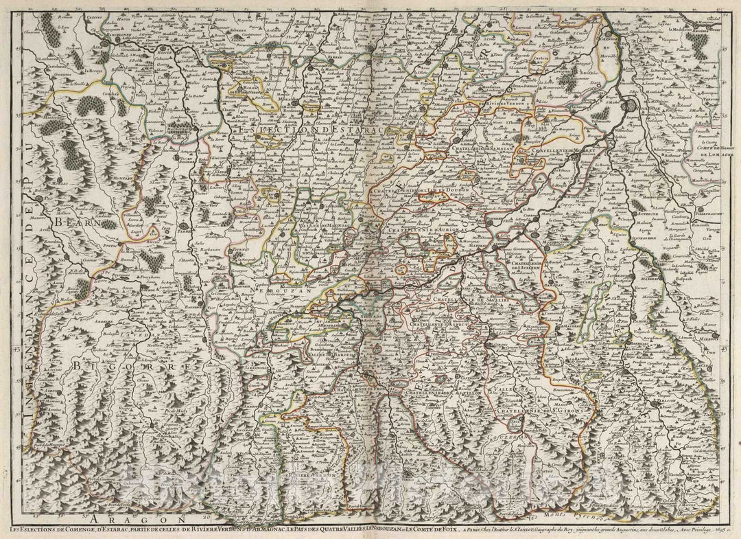 Historic Map : Montauban , France 1695 Les Generalitez de Montauban et de Toulouse (southwest sheet). , Vintage Wall Art