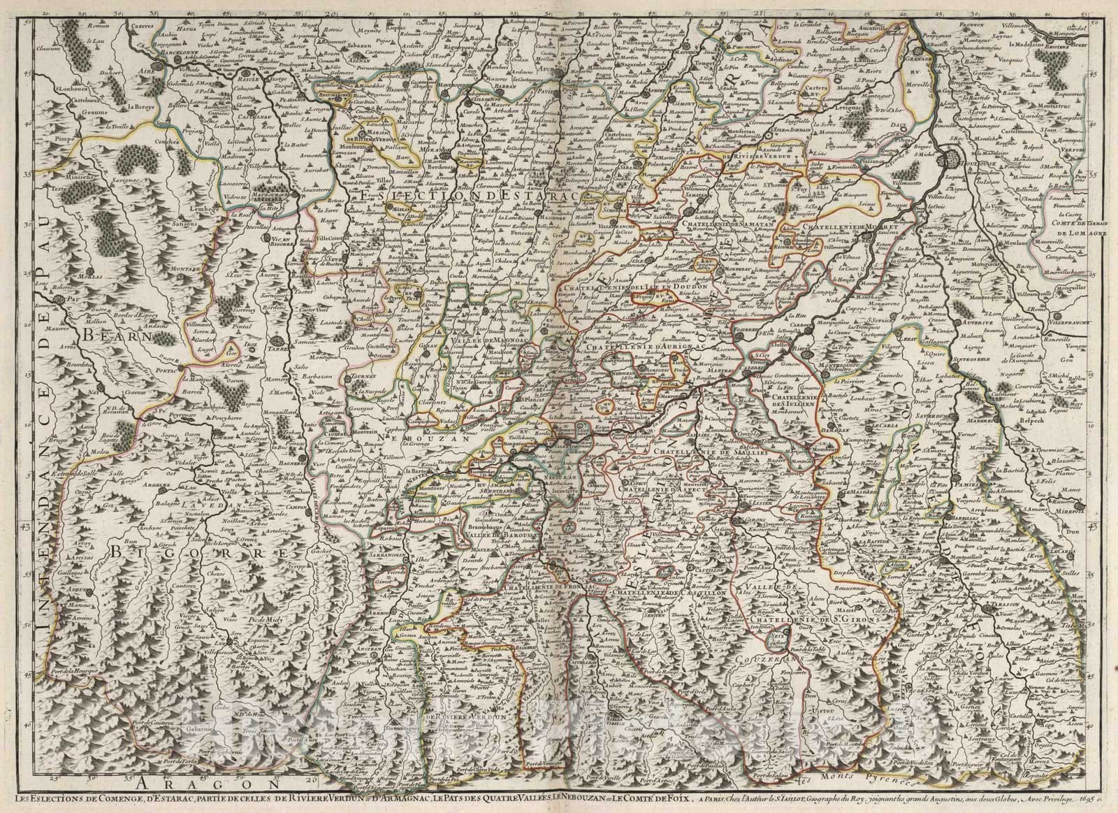 Historic Map : Montauban , France 1695 Les Generalitez de Montauban et de Toulouse (southwest sheet). , Vintage Wall Art