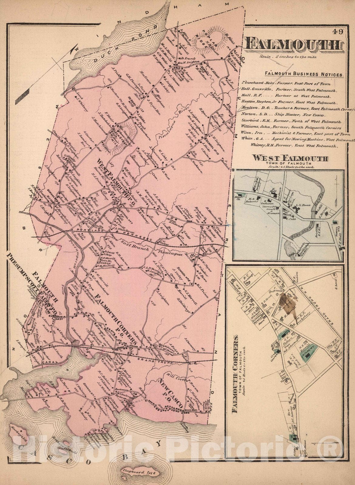 Historic Map : 1871 Falmouth, Cumberland County, Maine. West Falmouth. Falmouth Corners. - Vintage Wall Art
