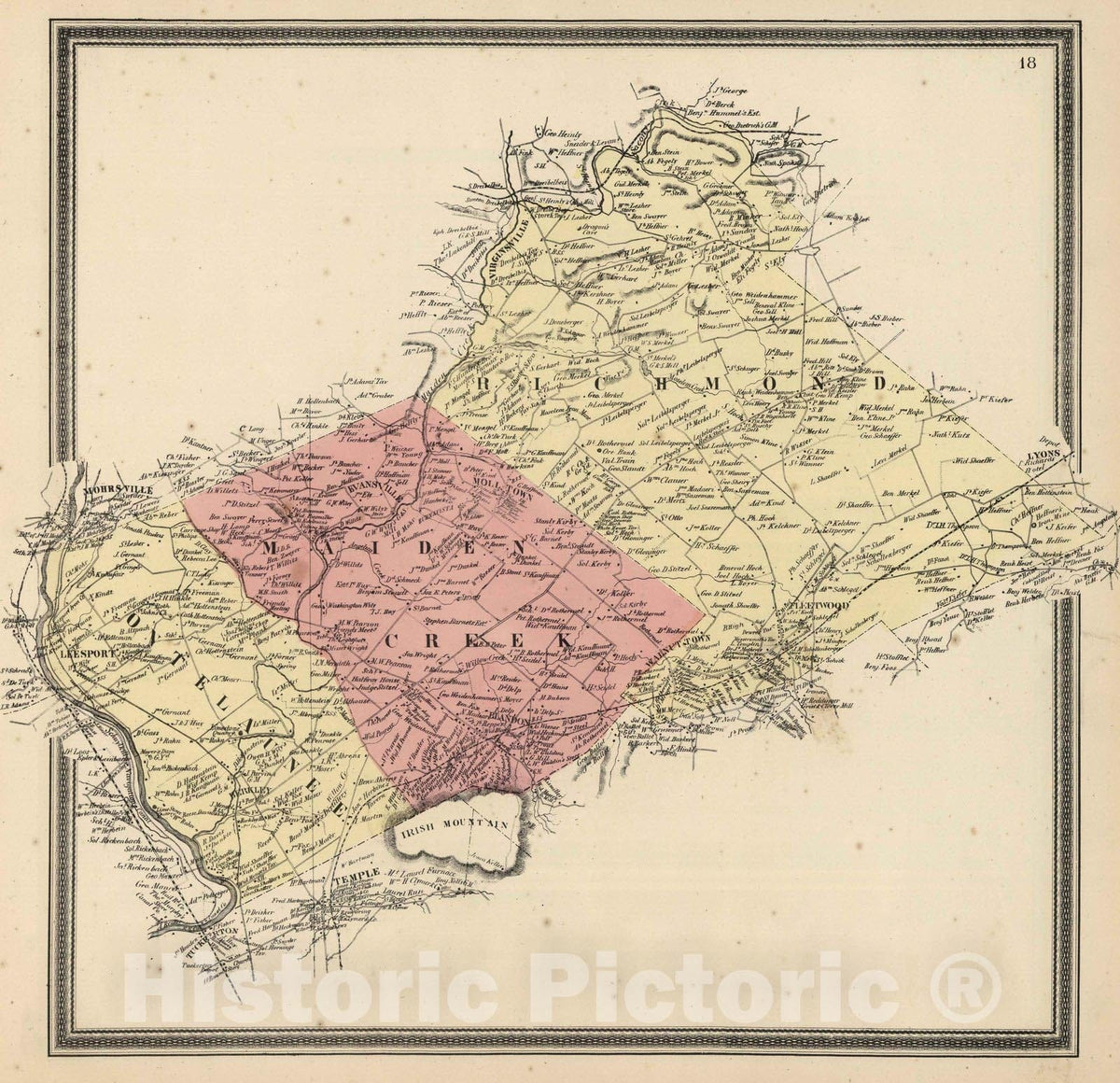 Historic Map : 1862 Richmond, Maiden Creek, and Ontelaunee Townships, Berks County, Pennsylvania. - Vintage Wall Art
