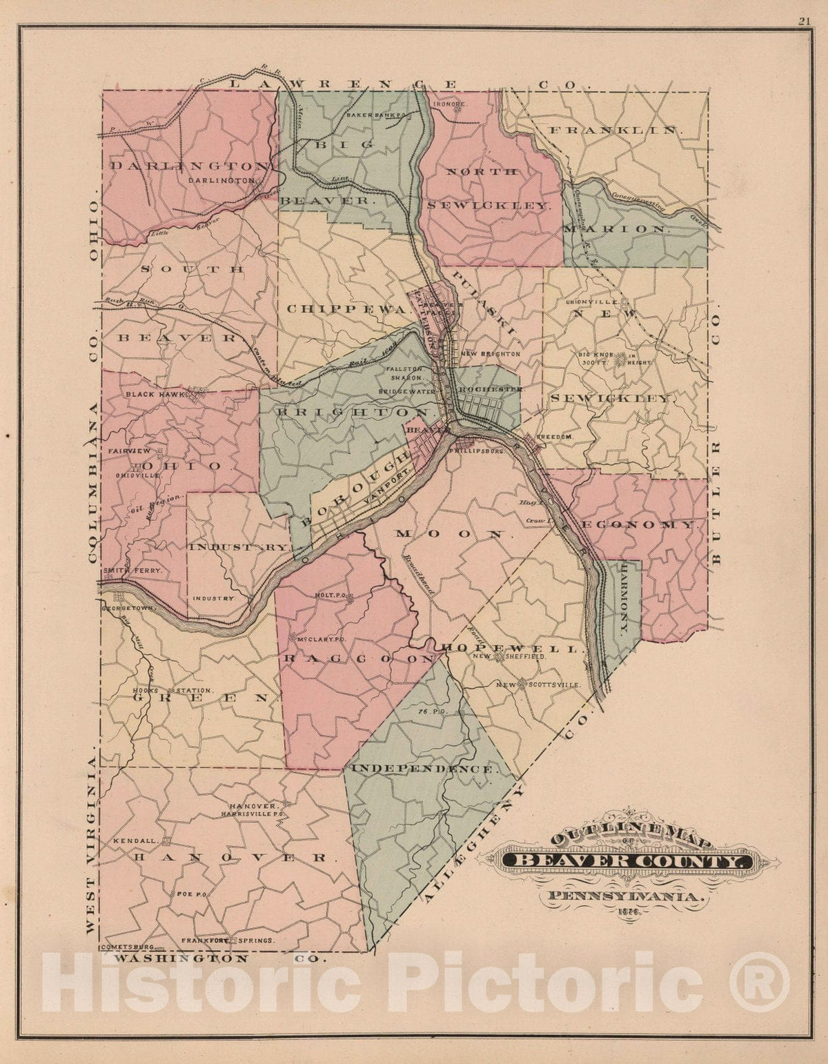 Historic Map : Outline Map of Beaver County. Pennsylvania. 1876 - Vintage Wall Art