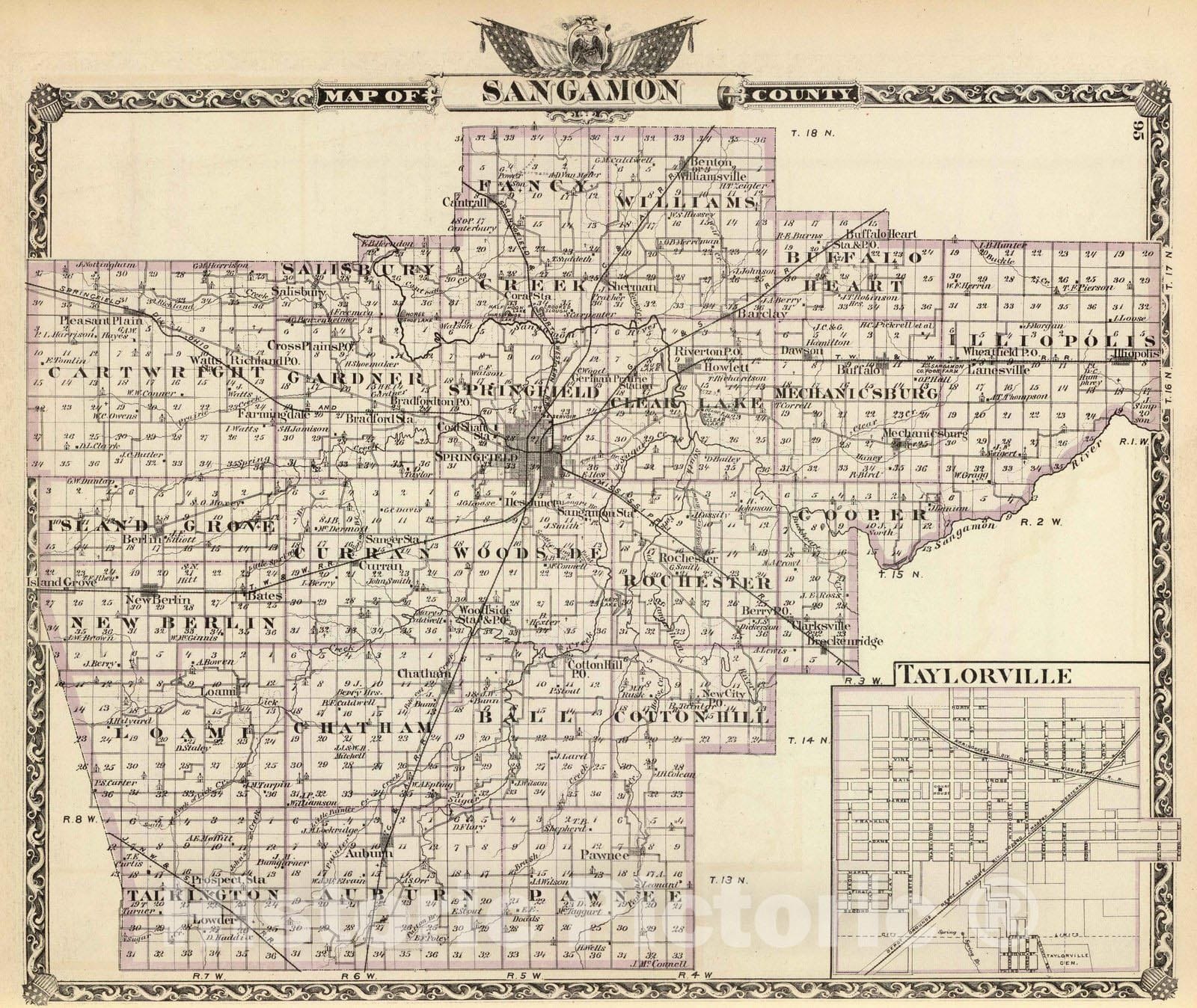 Historic Map : 1876 Map of Sangamon County and Taylorville. - Vintage Wall Art