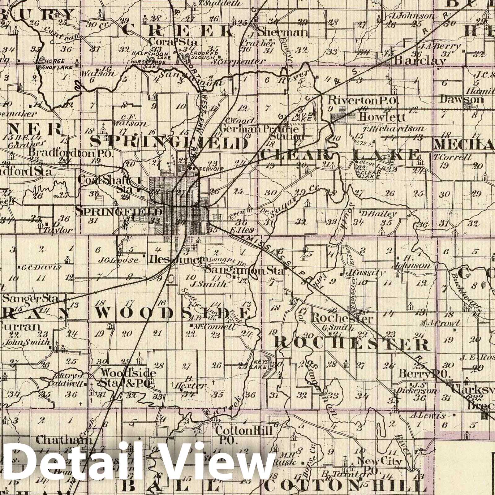 Sangamon County, Illinois with Taylorville - Railroad Map, 1876