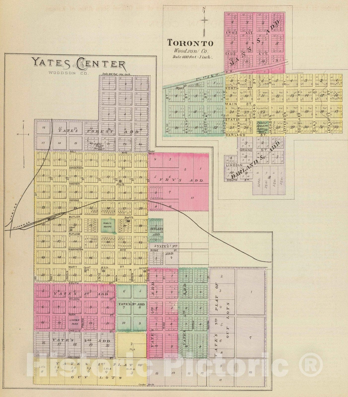 Historic Map : 1887 Yates Center and Toronto, Woodson Co. - Vintage Wall Art