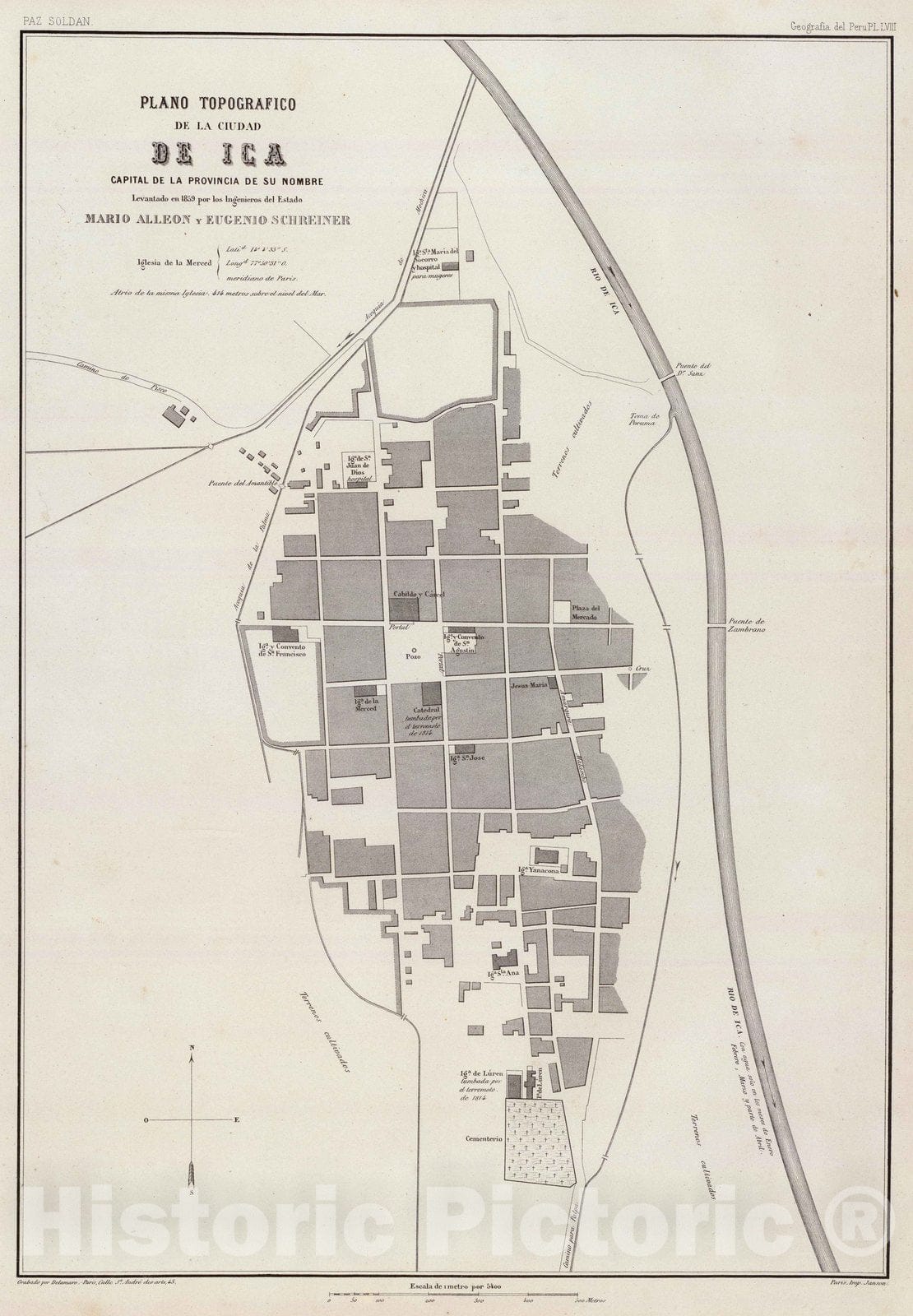 Historic Map : Peru , Ica (Peru), 1865 Plano topografico, Ciudad de Ica. , Vintage Wall Art