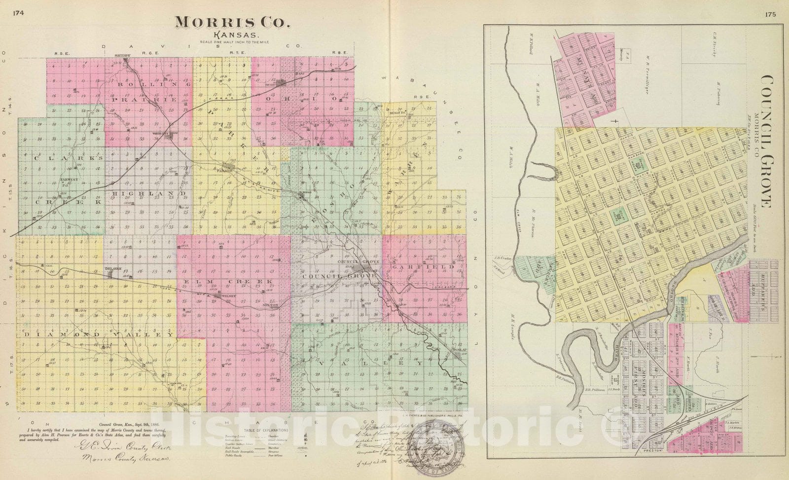 Historic Map : 1887 Morris Co, Council Grove, Kans. - Vintage Wall Art