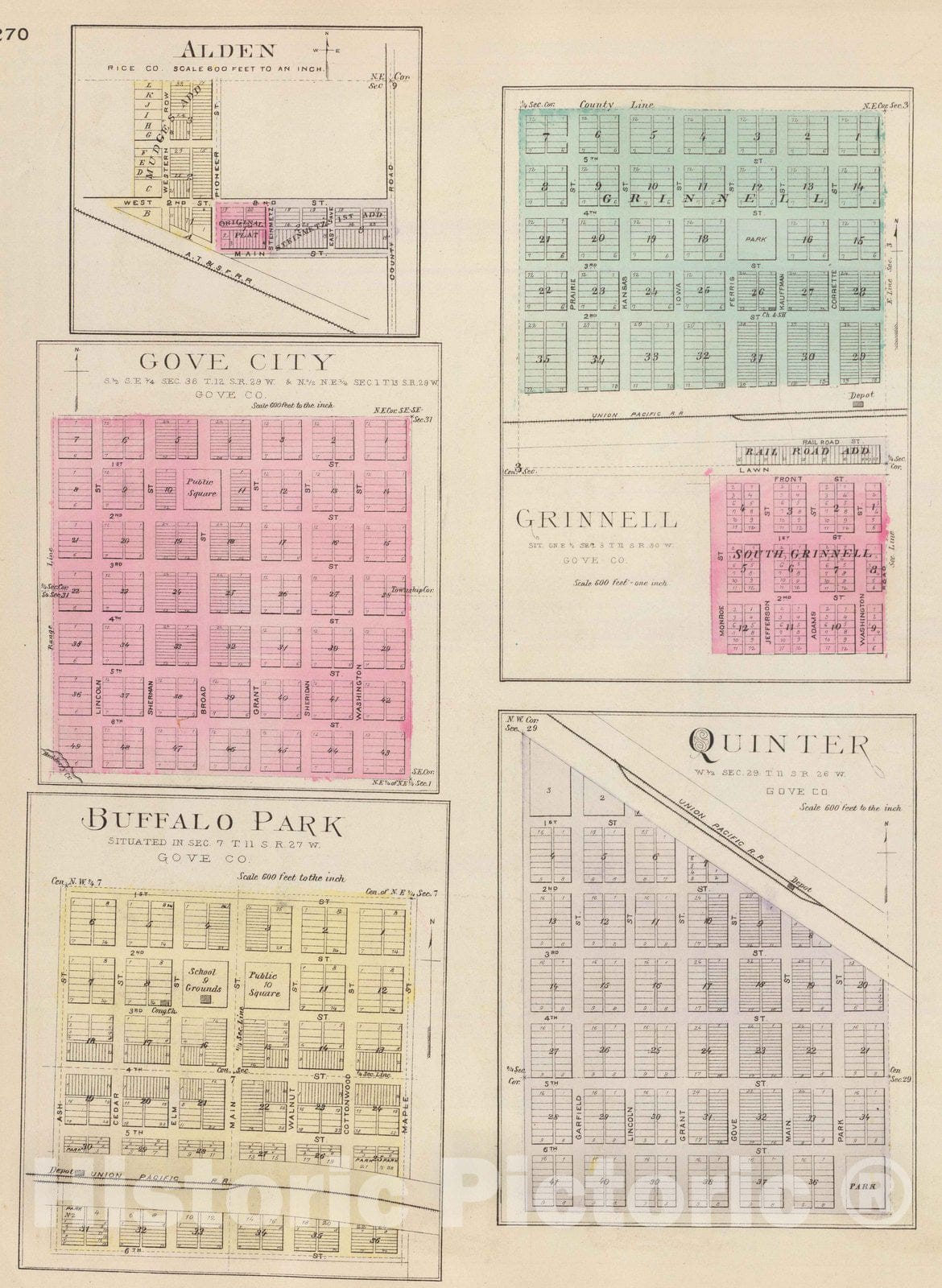 Historic Map : 1887 Alden, Gove City, Grinnell, Buffalo Park, Quinter. - Vintage Wall Art