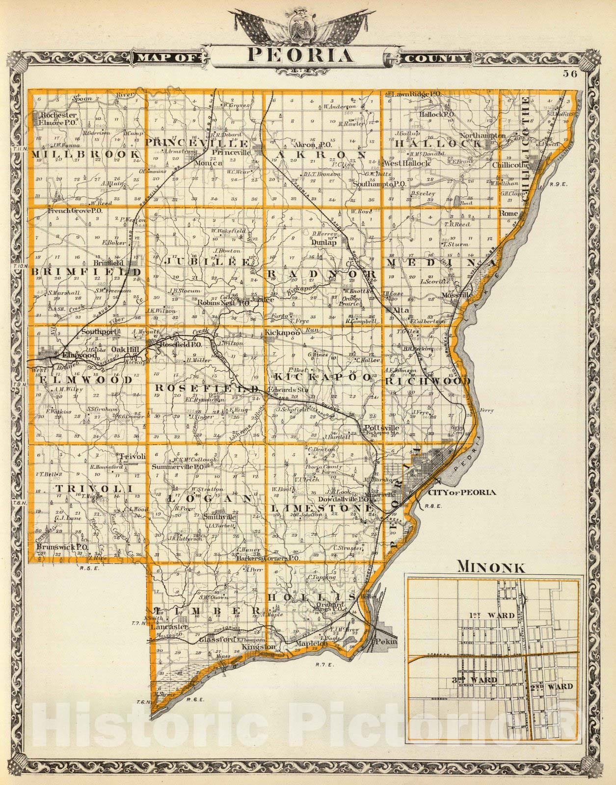 Historic Map : 1876 Map of Peoria County and Minonk. - Vintage Wall Art
