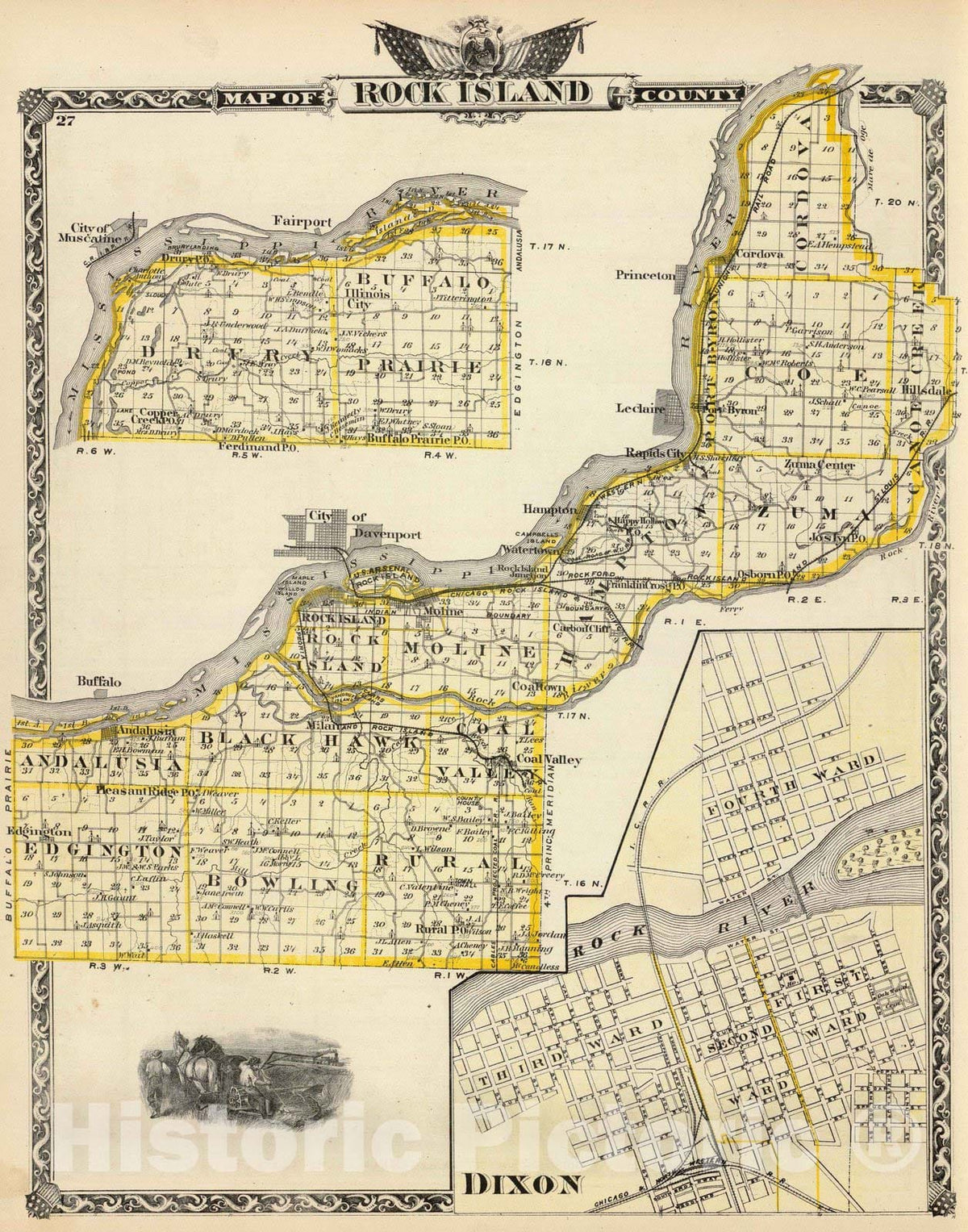 Historic Map : 1876 Map of Rock Island County and Dixon. - Vintage Wall Art