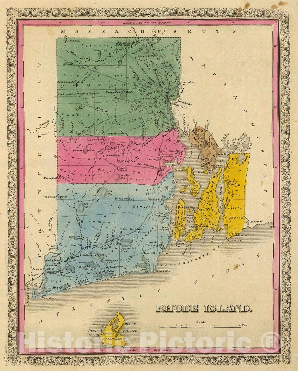 Historic Map : 1845 Rhode Island. - Vintage Wall Art