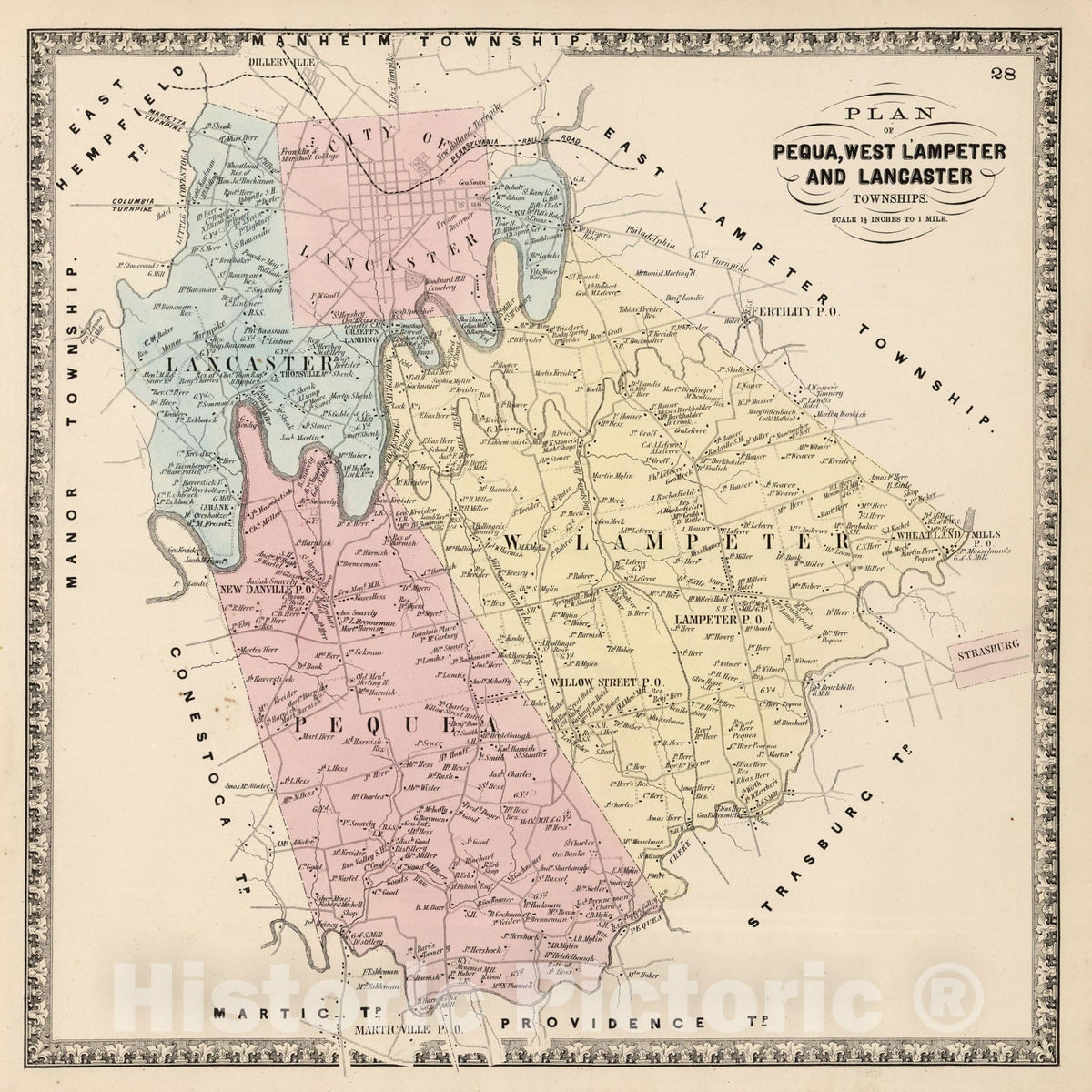 Historic Map - 1864 Pequa, West Lampeter, and Lancaster Townships, Lancaster County, Pennsylvania. - Vintage Wall Art